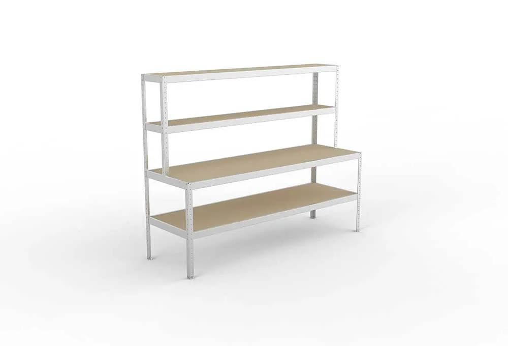 Packtisch mit Ablage – Schwerlastregal, Spanplatten, verzinkt