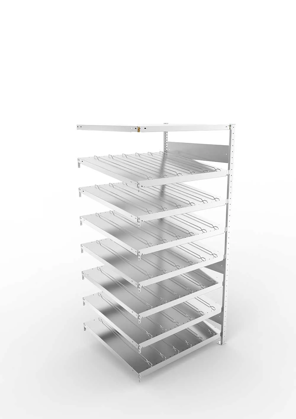 Metallregal Schrägbodenregal Metallregal 14° S3 Anbauregal für Regalsystem Metall 2000 x 1000 x 800vzk kpl. ( KANBAN ) Einzeiliges Regal mit 8 Böden(230 kg Tragkraft)