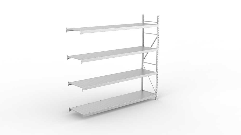 Weitspannregal Anbauregal 2500 mm mm x 2600 mm x 650 mm verzinkt komplett mit Stahlpaneele mit 4 Böden Weitspannregal Lagerknecht