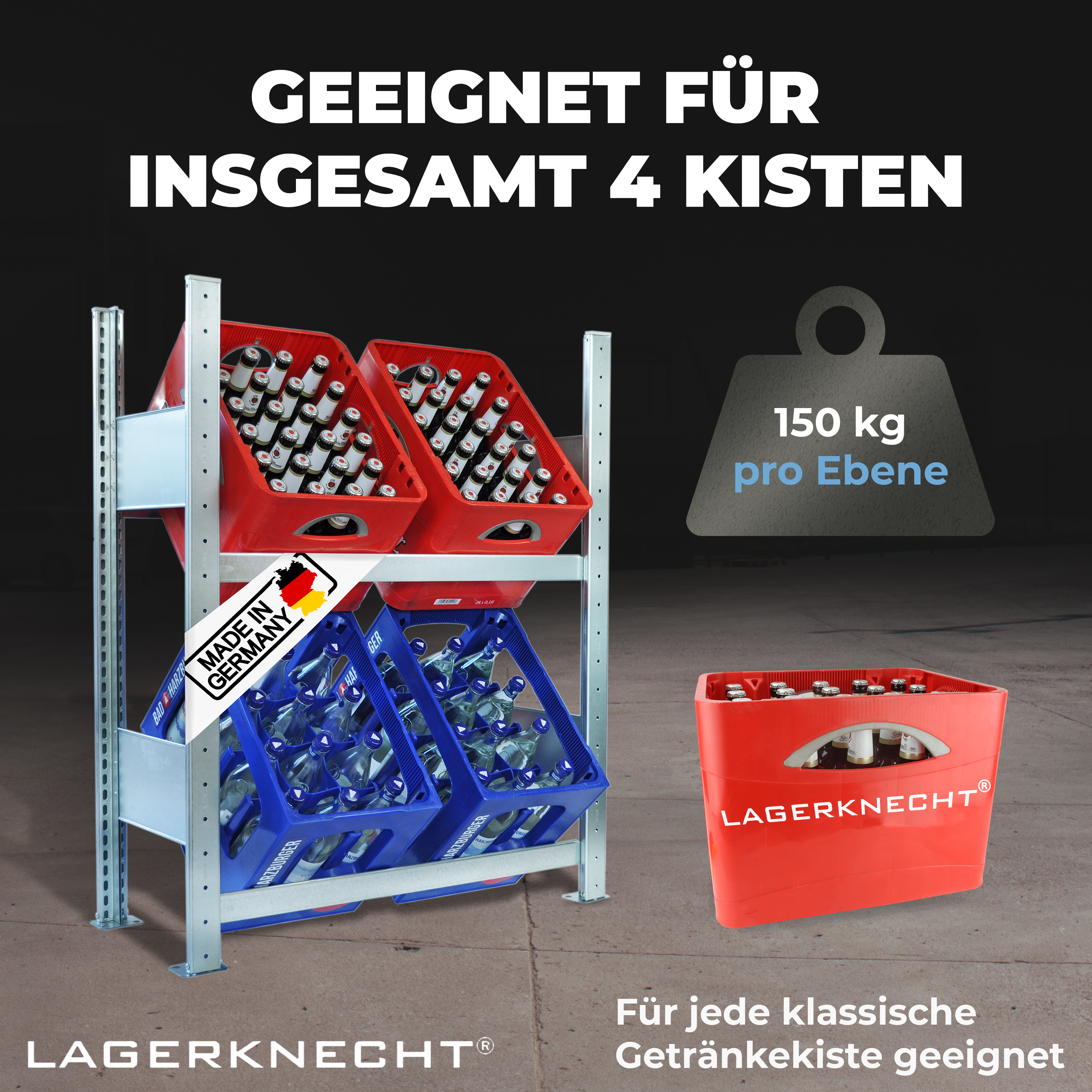Getränkekistenregal 100 x 80 cm 2 Ebenen Grundregal - Getränkeregal - Kistenregal made in Germany – Produktabbildung
