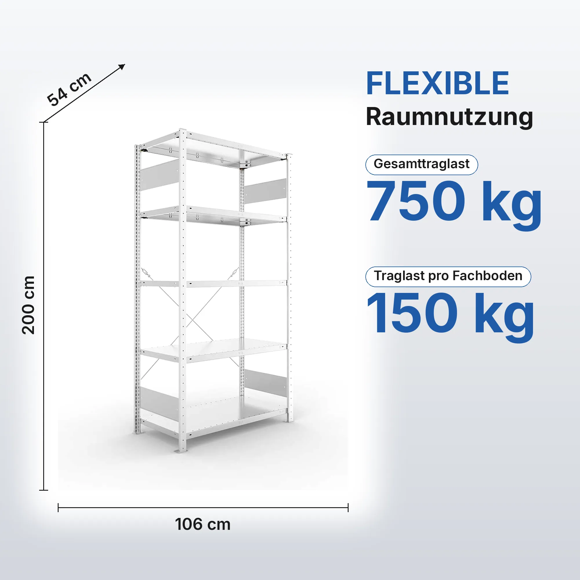 Kellerregal Pro-Flex Stecksystem Grundregal – 200×100×50 cm, 150 kg, verzinkt, 5 Böden