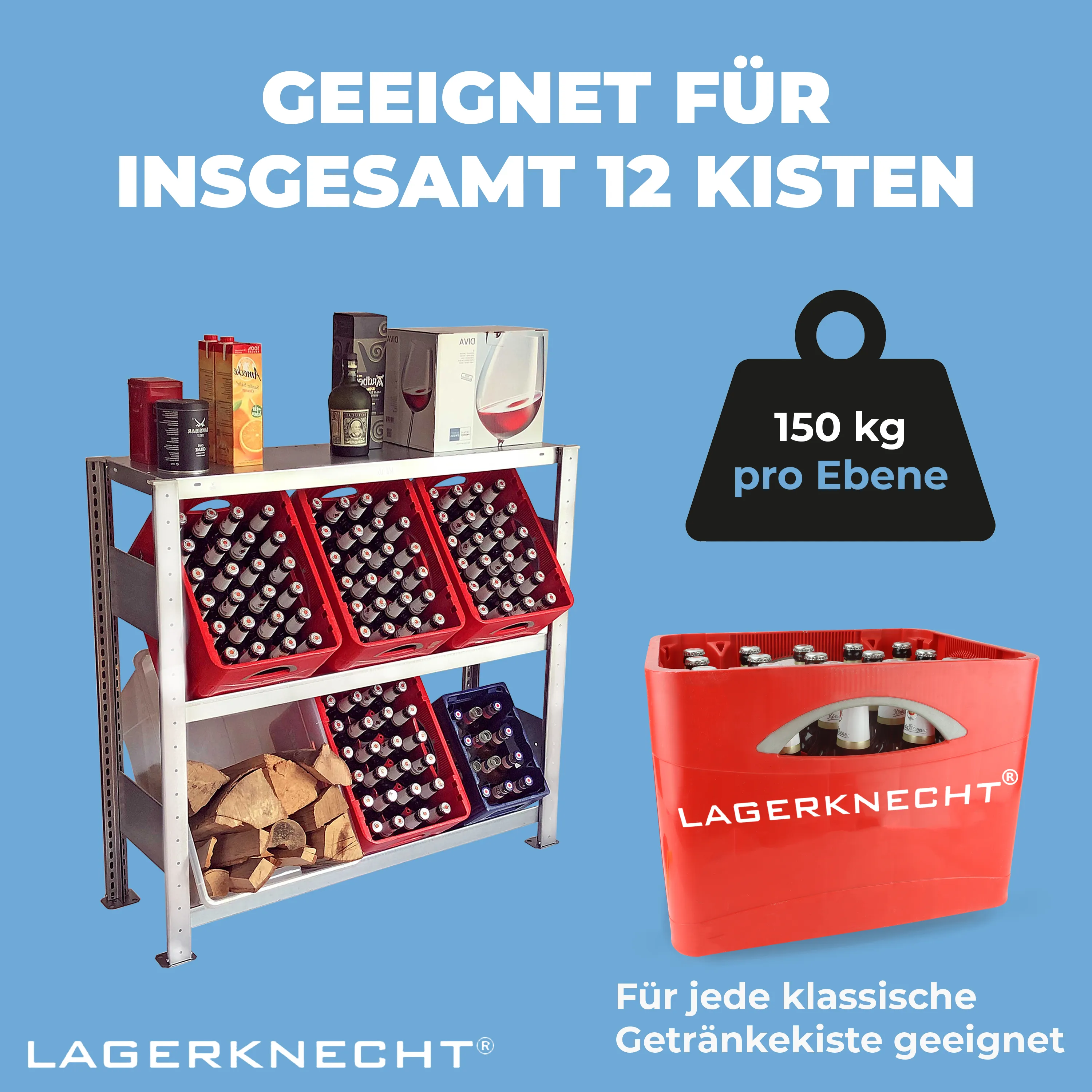 Getränkekistenregal 100×100 cm – mit Fachboden, Grundregal, verzinkt