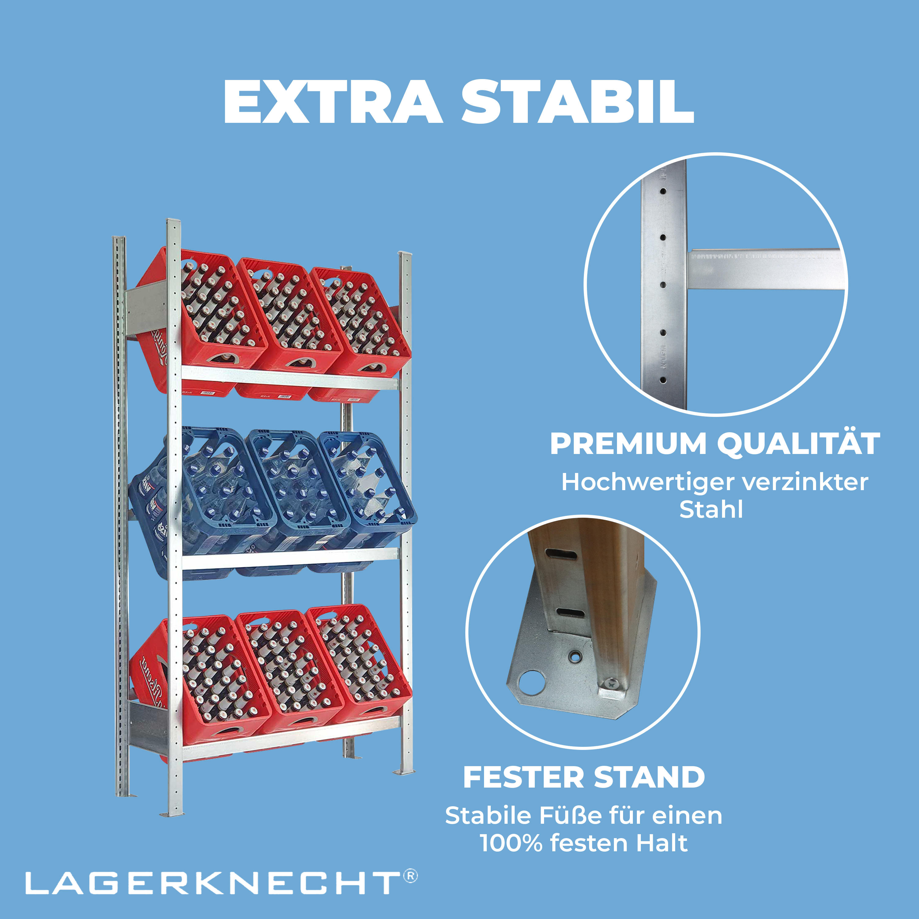 Getränkekistenregal 185×100 cm – 3 Ebenen, Grundregal, verzinkt GLX