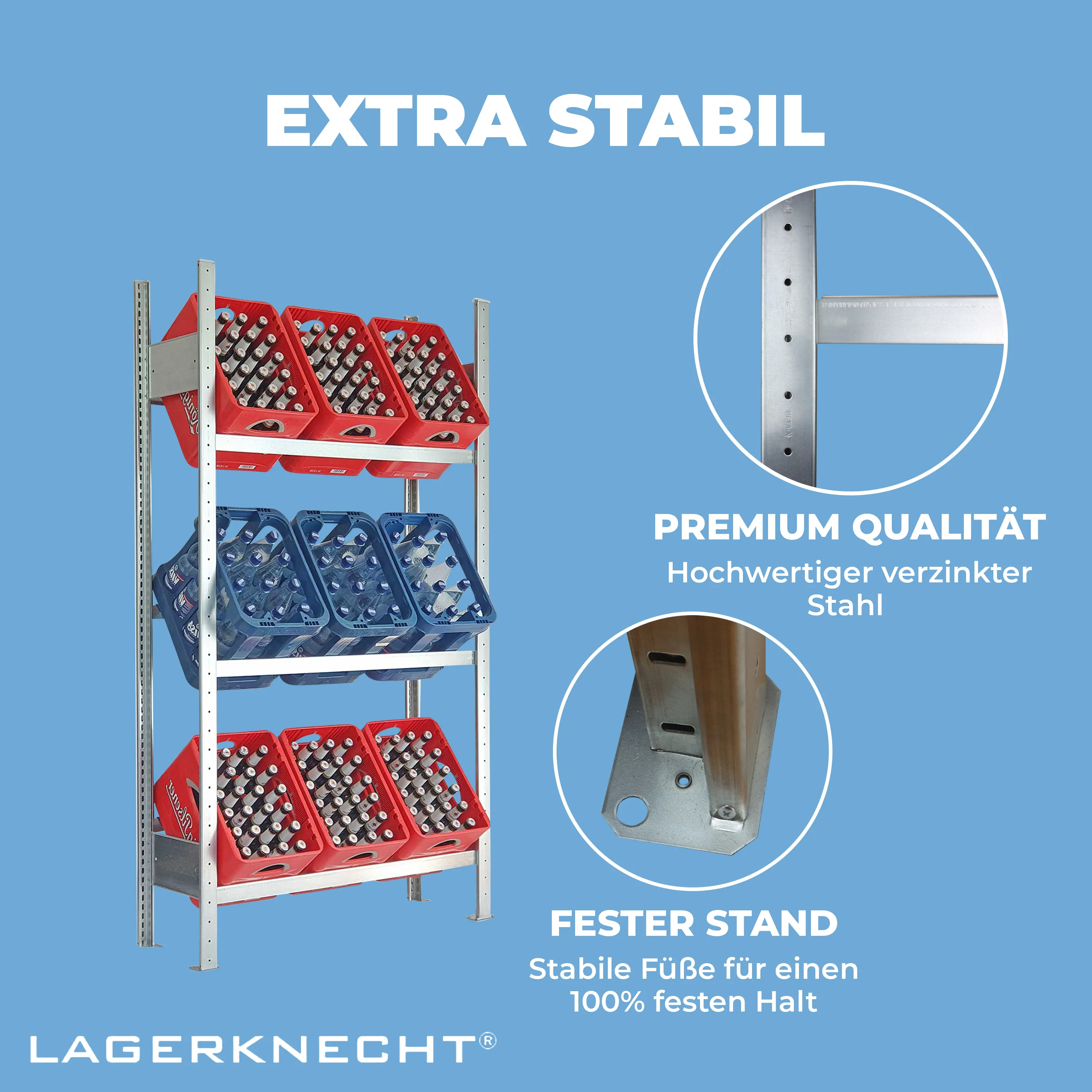 Getränkekistenregal 185×100 cm – 3 Ebenen, Grundregal, verzinkt GLX