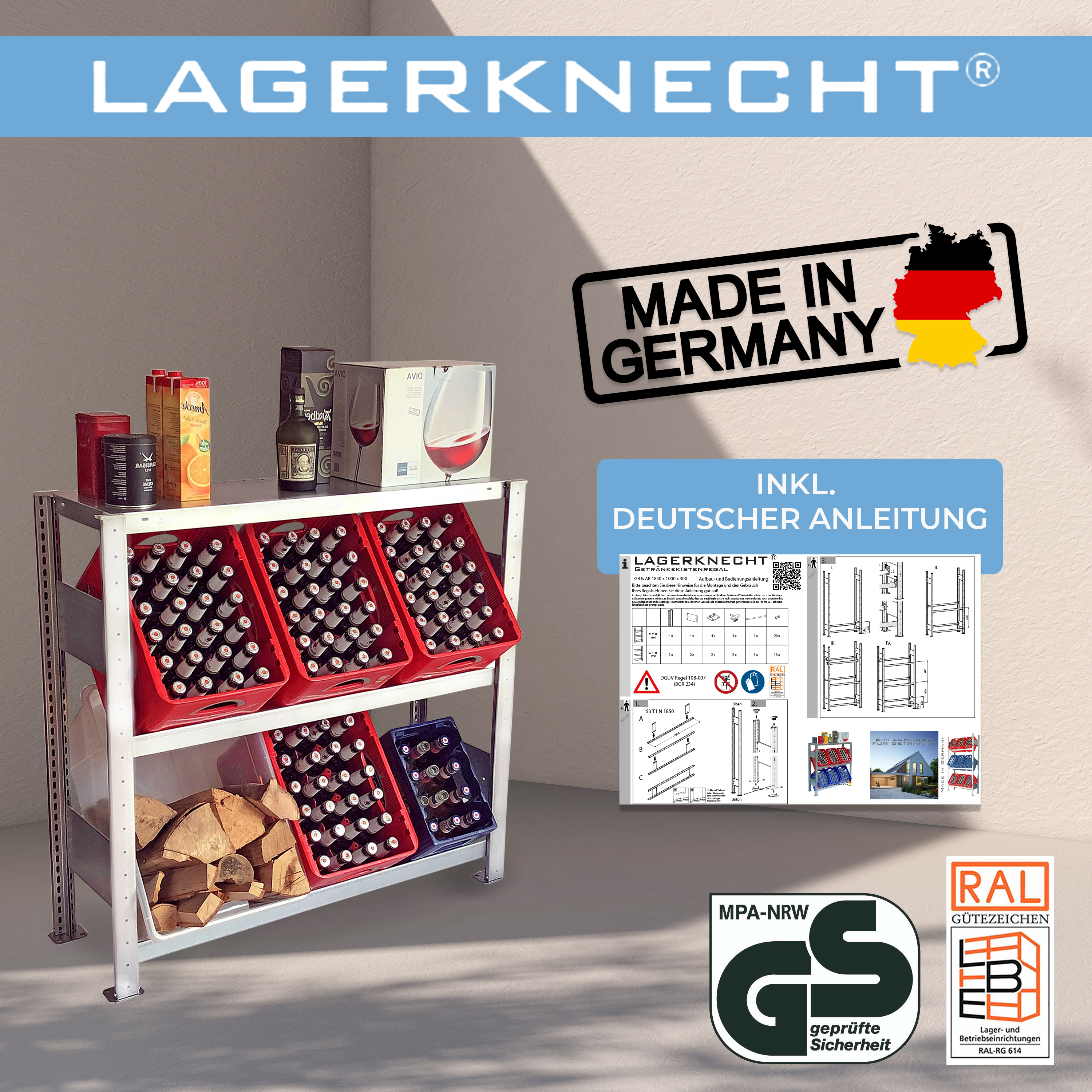 Bierkistenregal made in Germany 100 x100 cm Grundregal Mit Fachboden