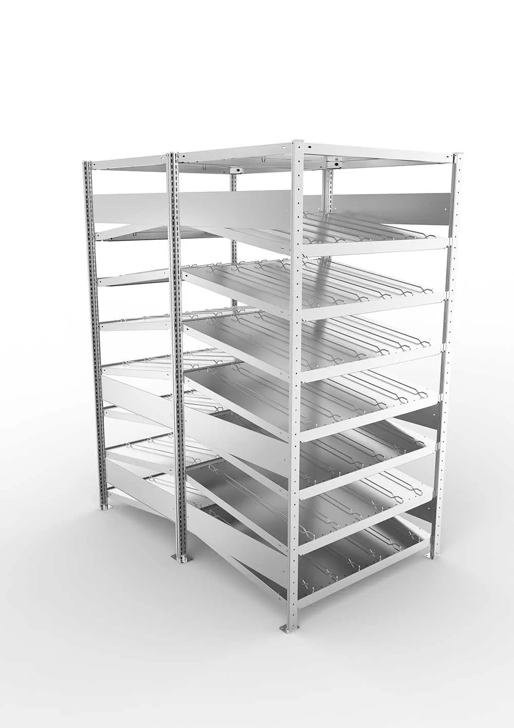 Metallregal Schrägbodenregal Metallregal 14° S3 Doppelgrundregal für Regalsystem Metall 2000 x 1000 x1600 ( 2 x 800 ) vzk kpl. ( KANBAN )Doppelzeiliges Regal mit 16 Böden (230 kg Tragkr.)