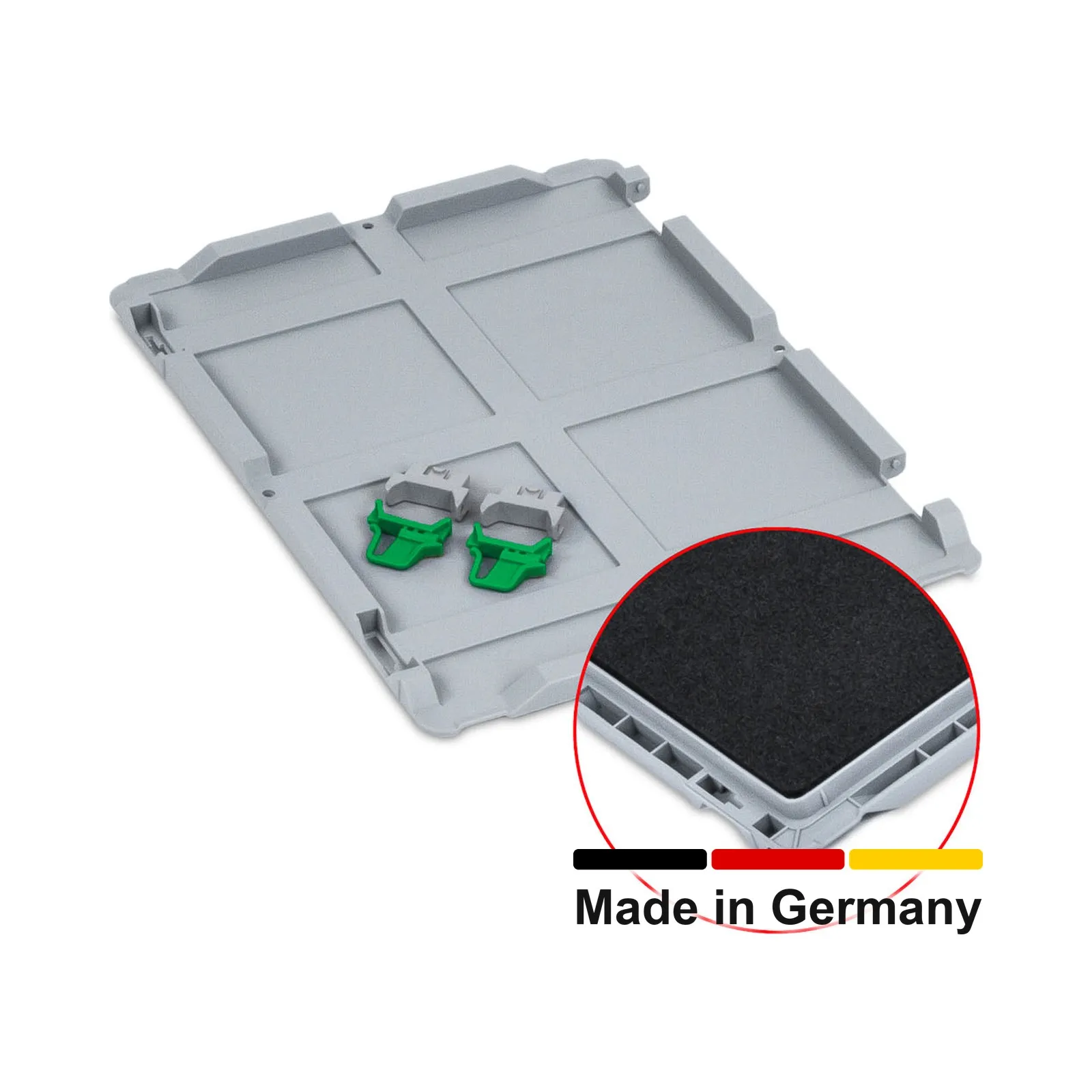 Scharnierdeckel Set Eurobox NextGen mit Schaumstoff 400 x 300, inkl. 2 grüne Schiebeschnappverschlüsse