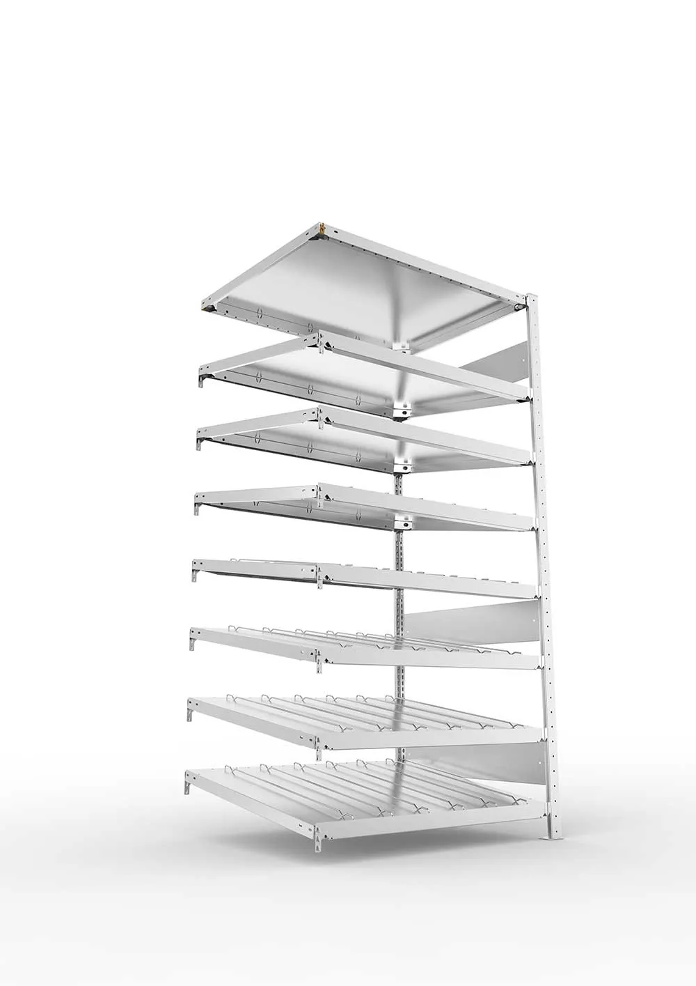 Metallregal Schrägbodenregal Metallregal 14° S3 Anbauregal für Regalsystem Metall 2000 x 1000 x 800vzk kpl. ( KANBAN ) Einzeiliges Regal mit 8 Böden(230 kg Tragkraft)