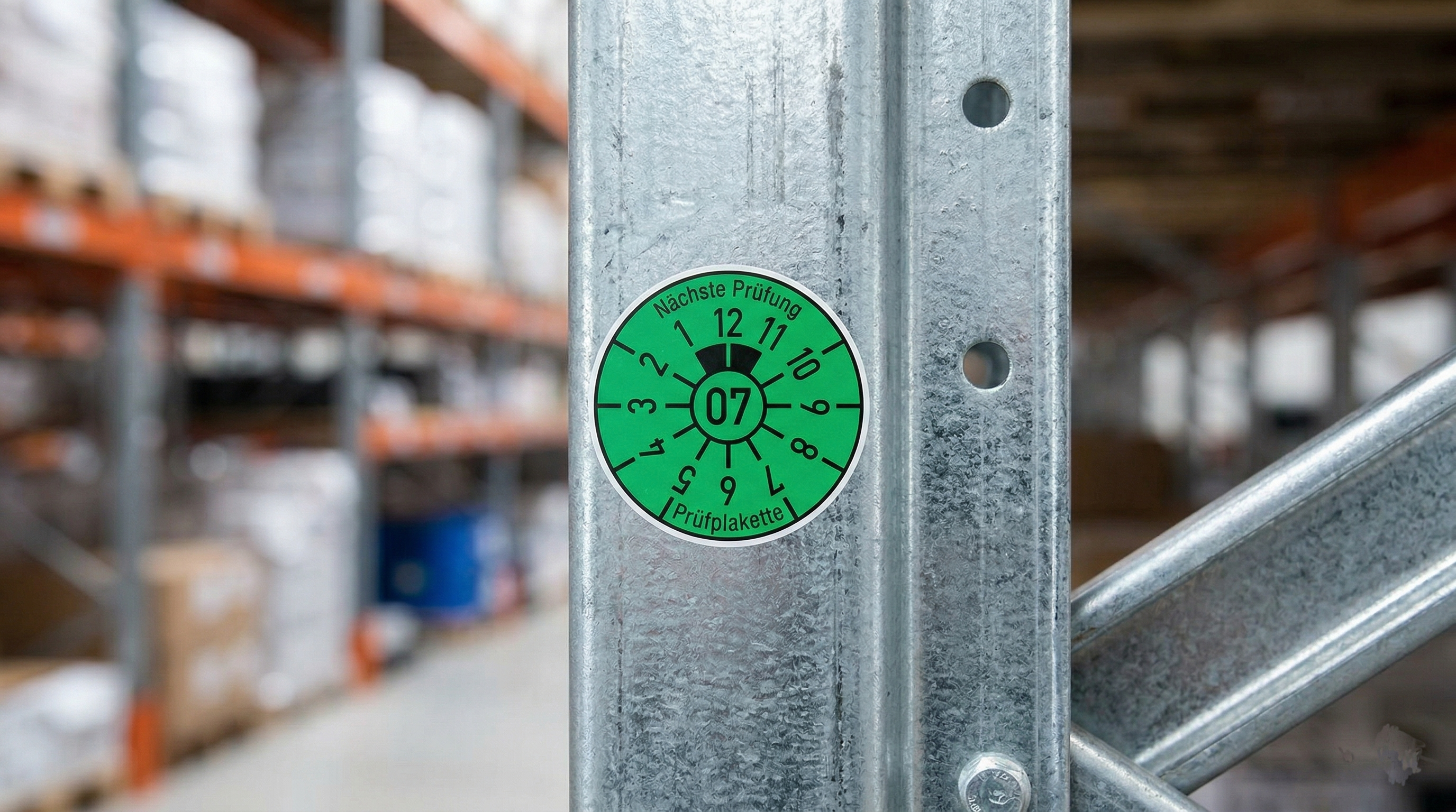 Prüfplakette an einem Schwerlastregal nach bestandener Inspektion