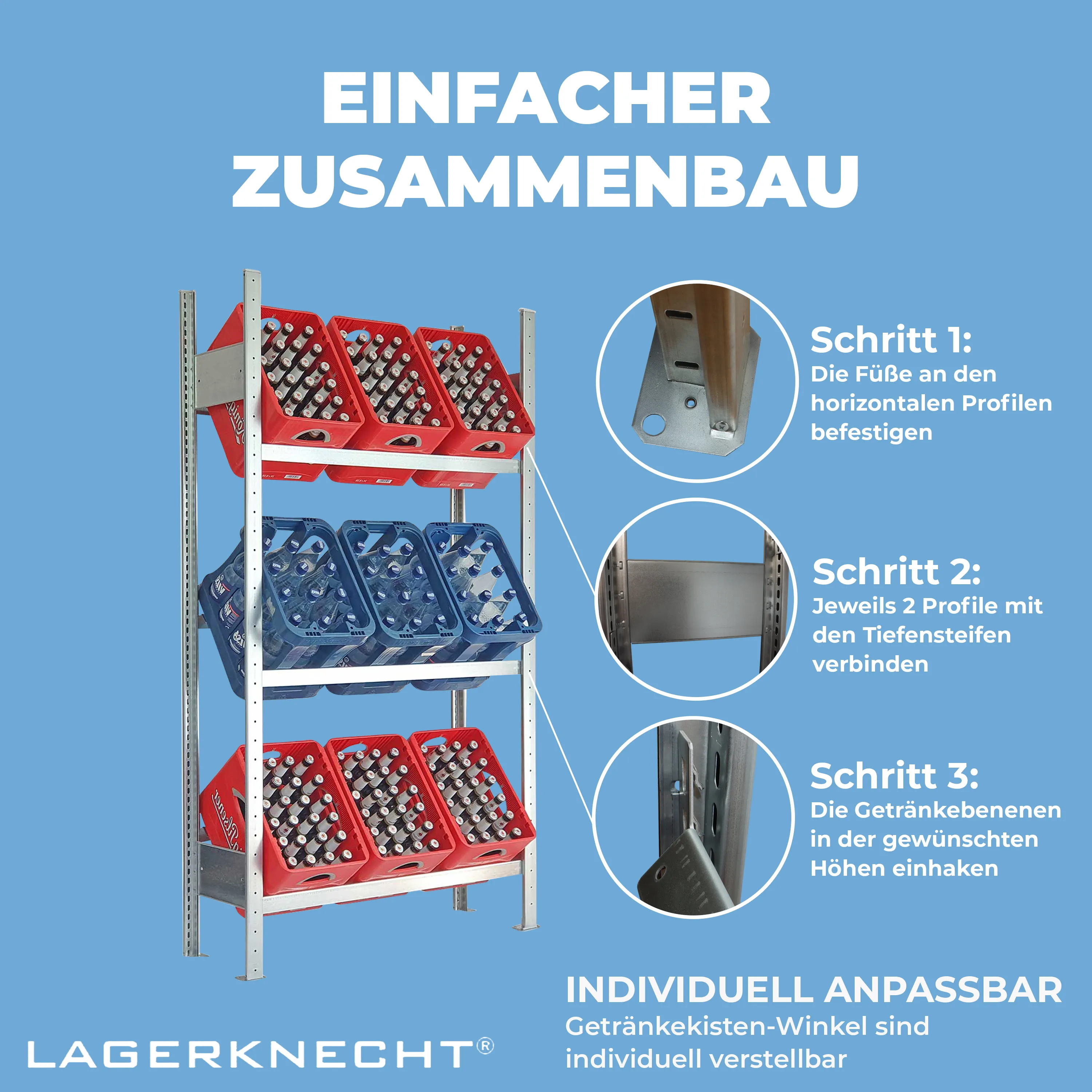 Getränkekistenregal 185×100 cm – 3 Ebenen, Grundregal, verzinkt GLX