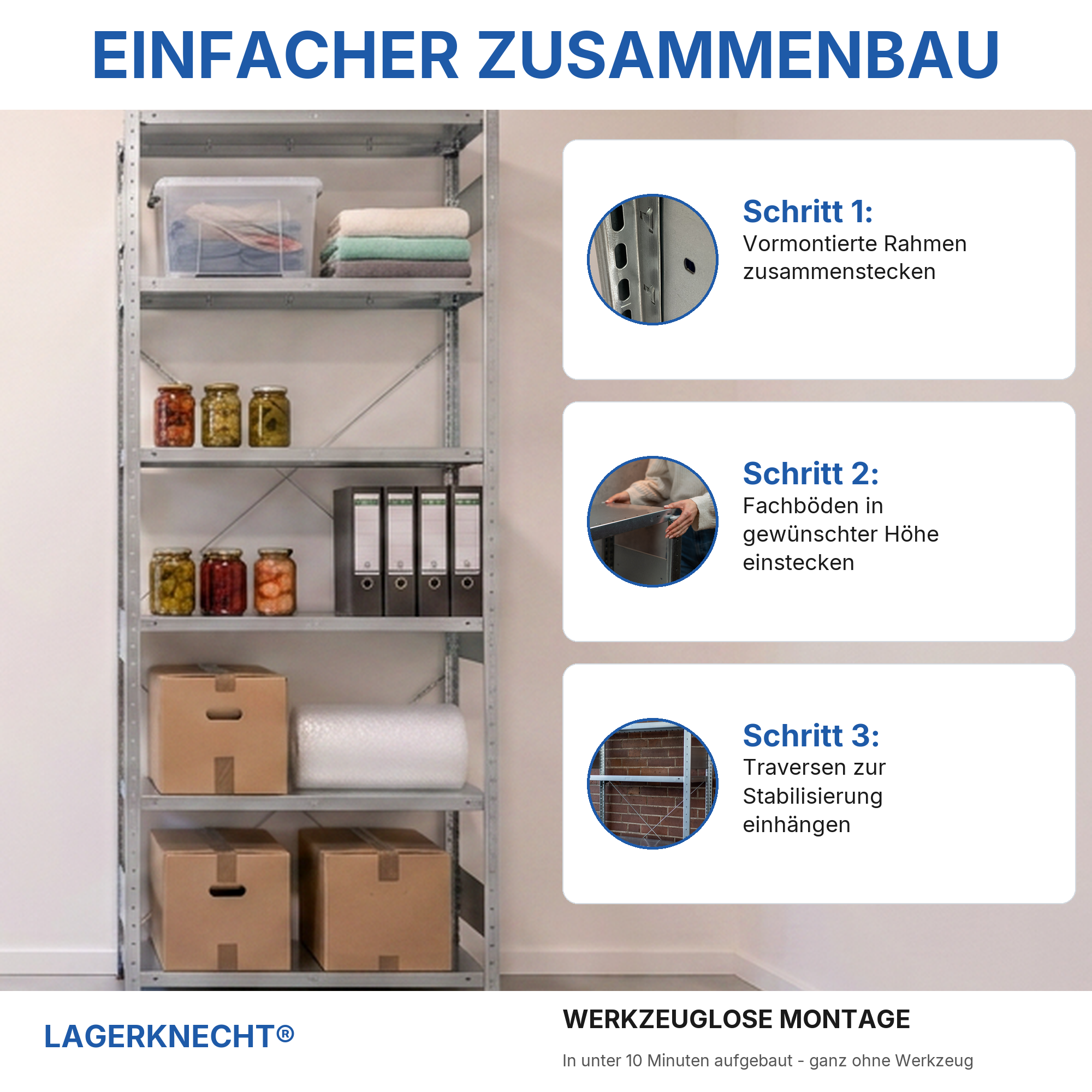 Schwerlastregal Pro-Flex Stecksystem Grundregal – 250×100×40 cm, 150 kg, verzinkt, 6 Böden