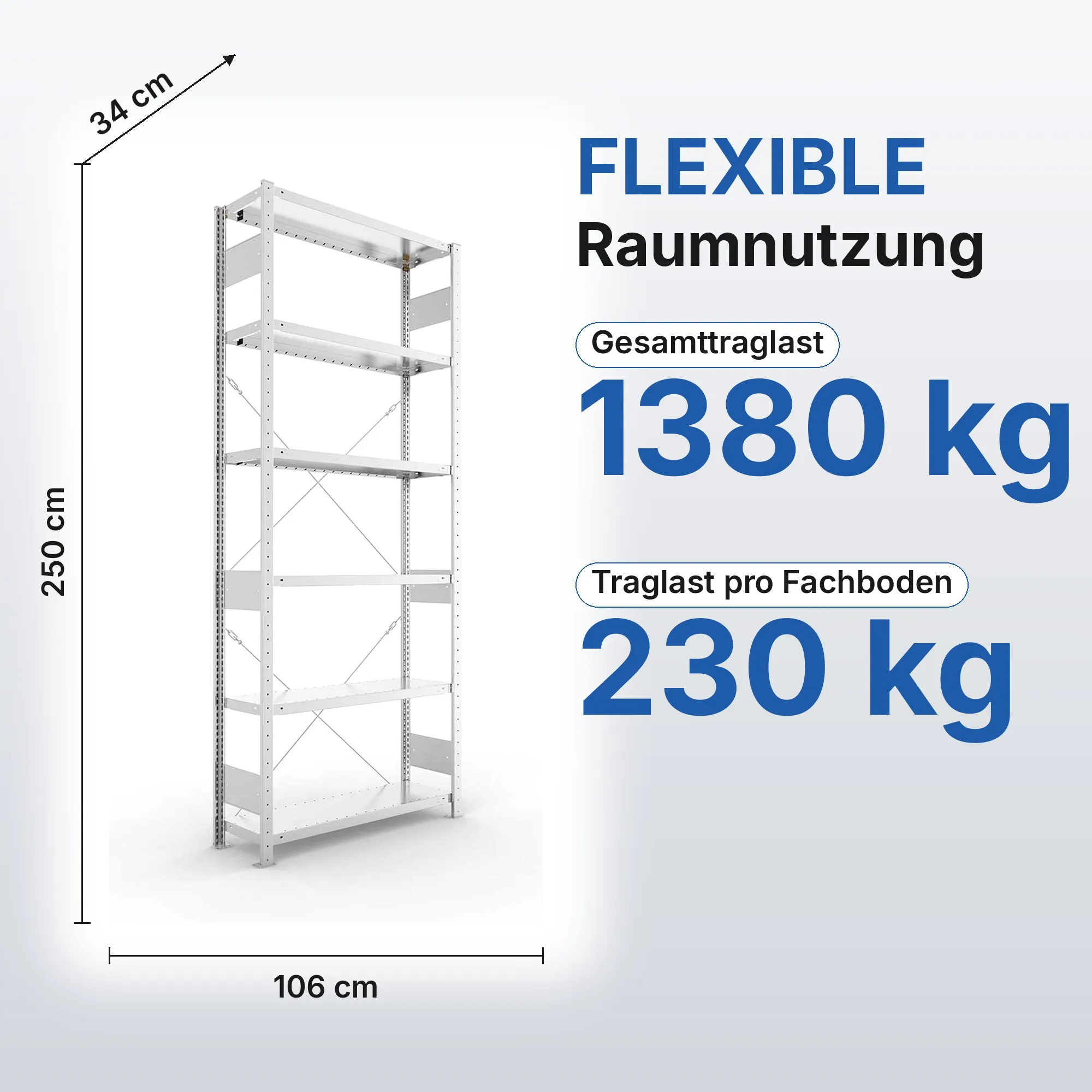 Schwerlastregal Pro-Flex Stecksystem Grundregal – 250×100×30 cm, 230 kg, verzinkt, 6 Böden