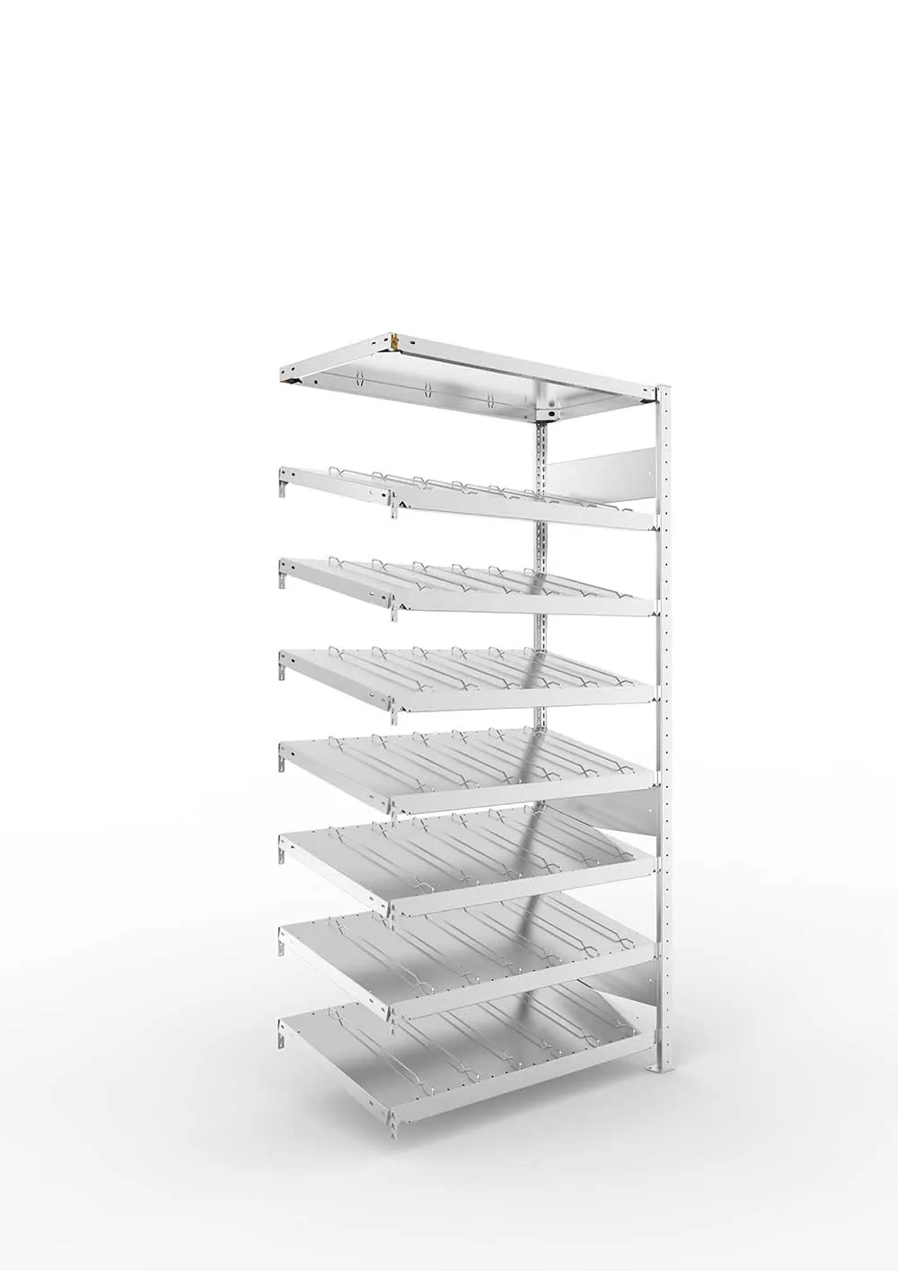 Metallregal Schrägbodenregal 14° S3 Anbauregal für Regalsystem Metall 2000 x 1000 x 500vzk kpl. ( KANBAN ) Einzeiliges Regal mit 8 Böden(230 kg Tragkraft)