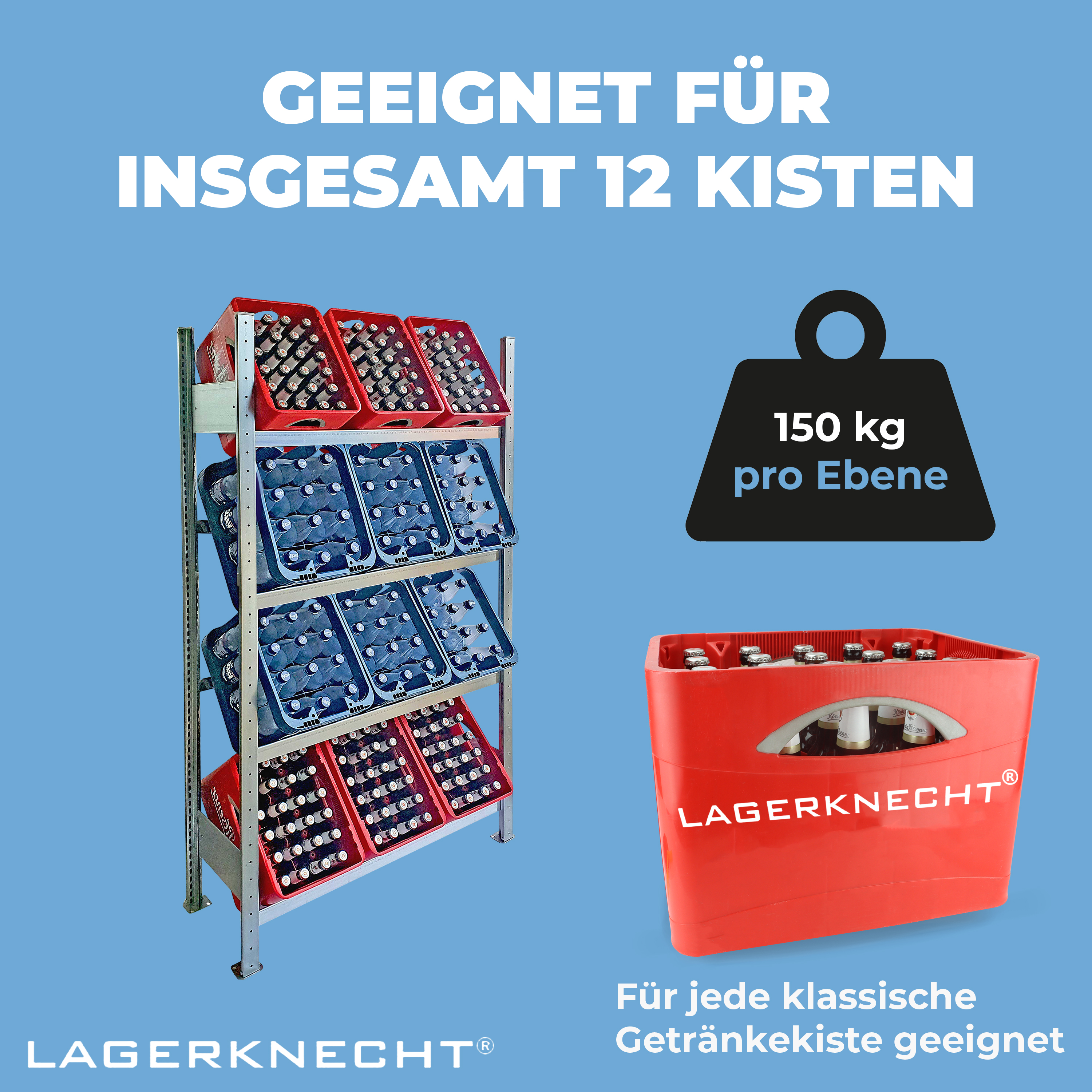 Getränkekistenregal 185×100 cm – 4 Ebenen, Grundregal, verzinkt [185100-4EB-GR]