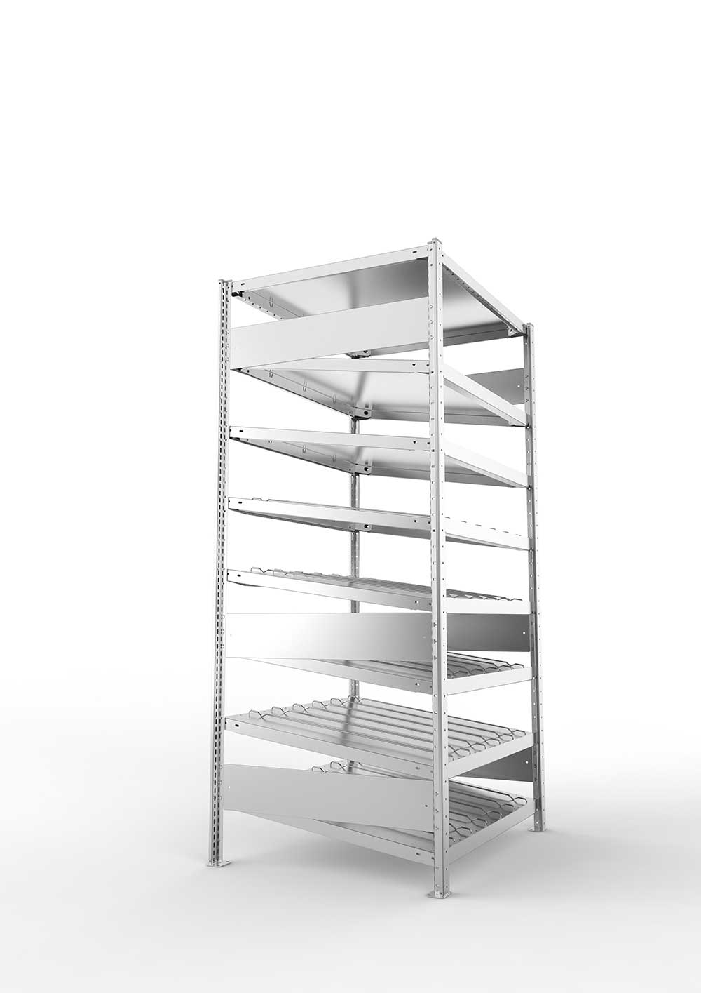 Metallregal Schrägbodenregal Metallregal 14° S3 Grundregal für Regalsystem Metall 2000 x 1000 x 800vzk kpl. ( KANBAN ) Einzeiliges Regal mit 8 Böden(230 kg Tragkraft)