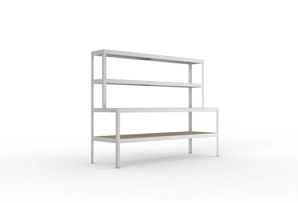 Packtisch mit Ablage – Schwerlastregal, Spanplatten, verzinkt