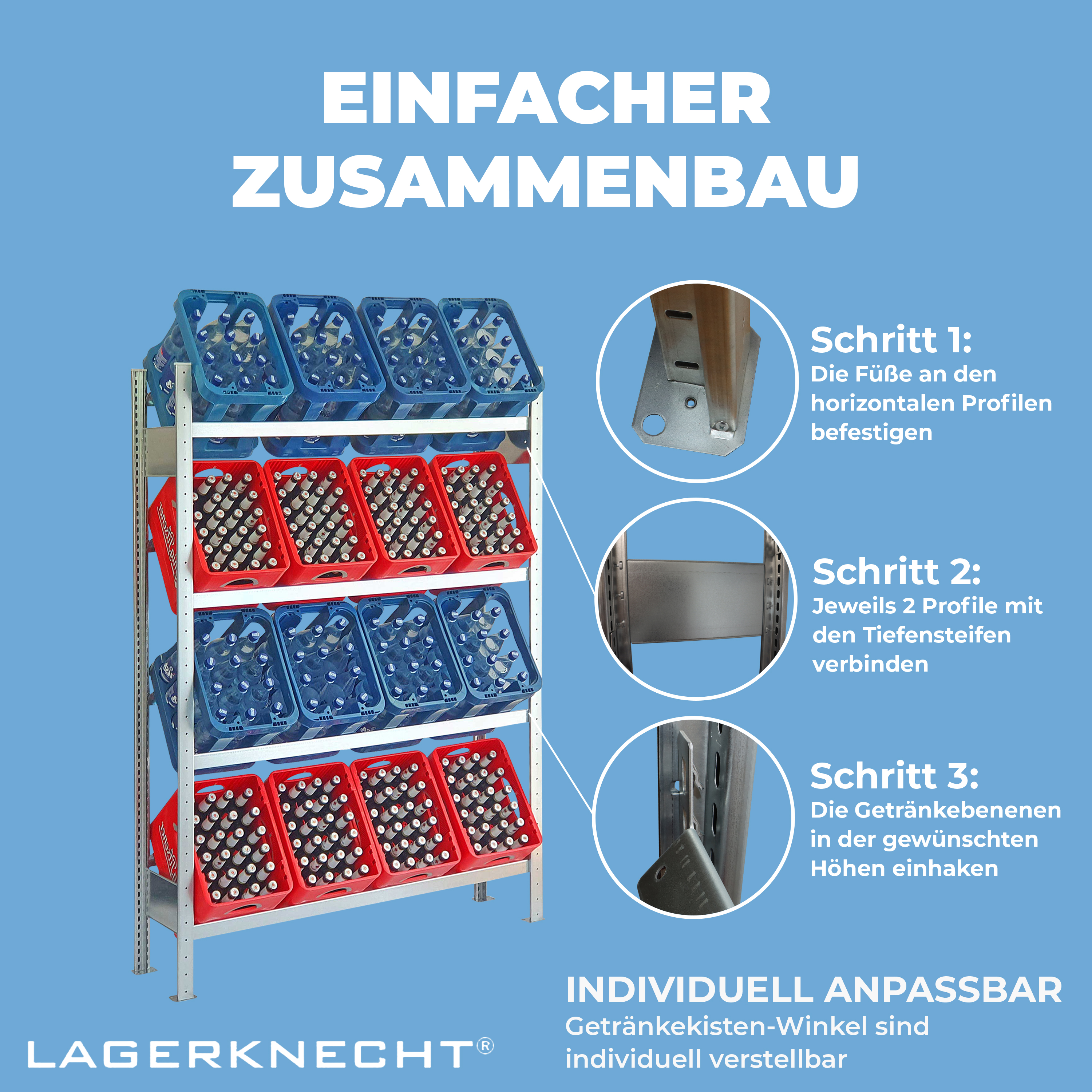 Getränkekistenregal 185×130 cm – 4 Ebenen, Grundregal, verzinkt