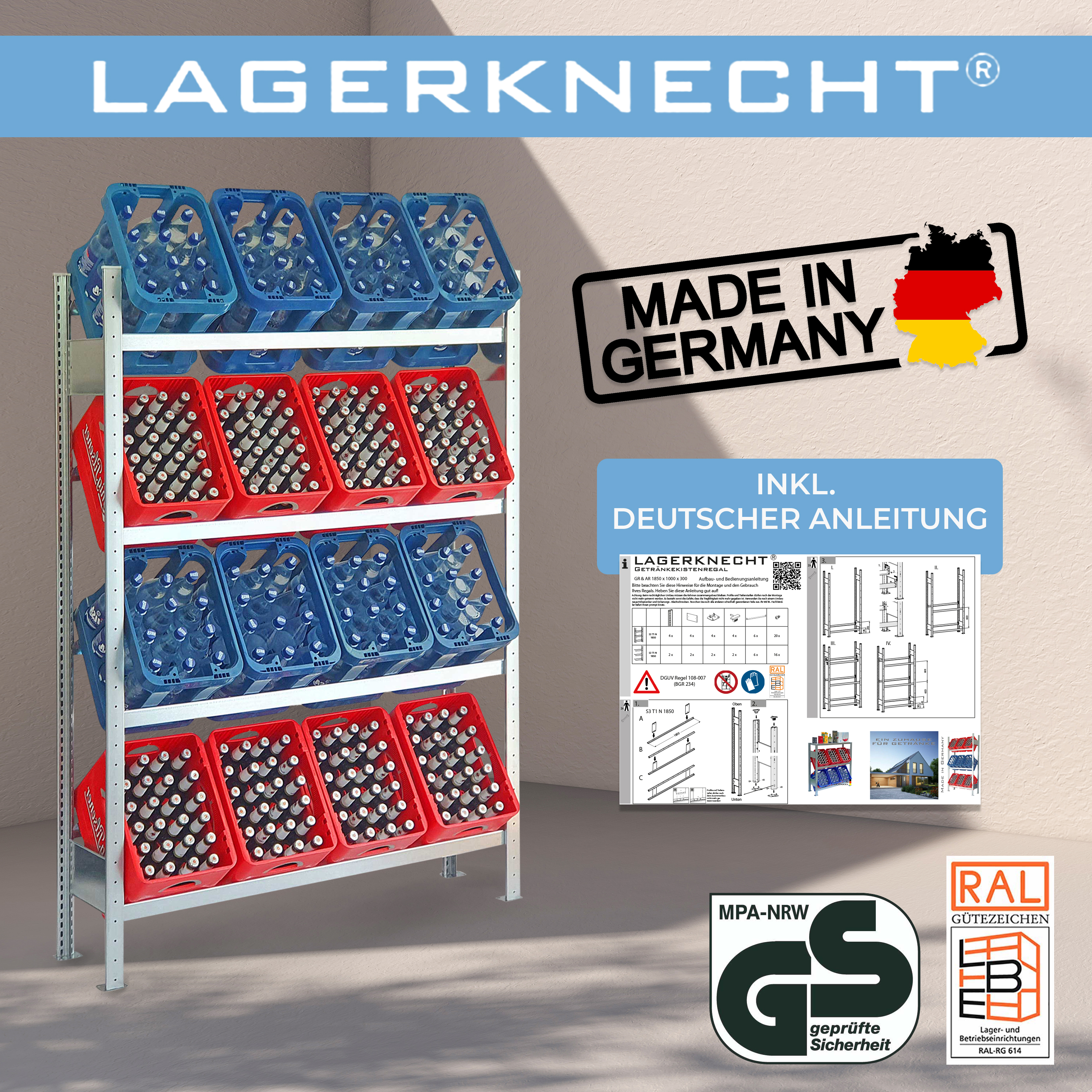 Bierkistenregal made in Germany 185 cm Hoch 130 cm Breit 4 Ebenen Grundregal Ohne Fachboden