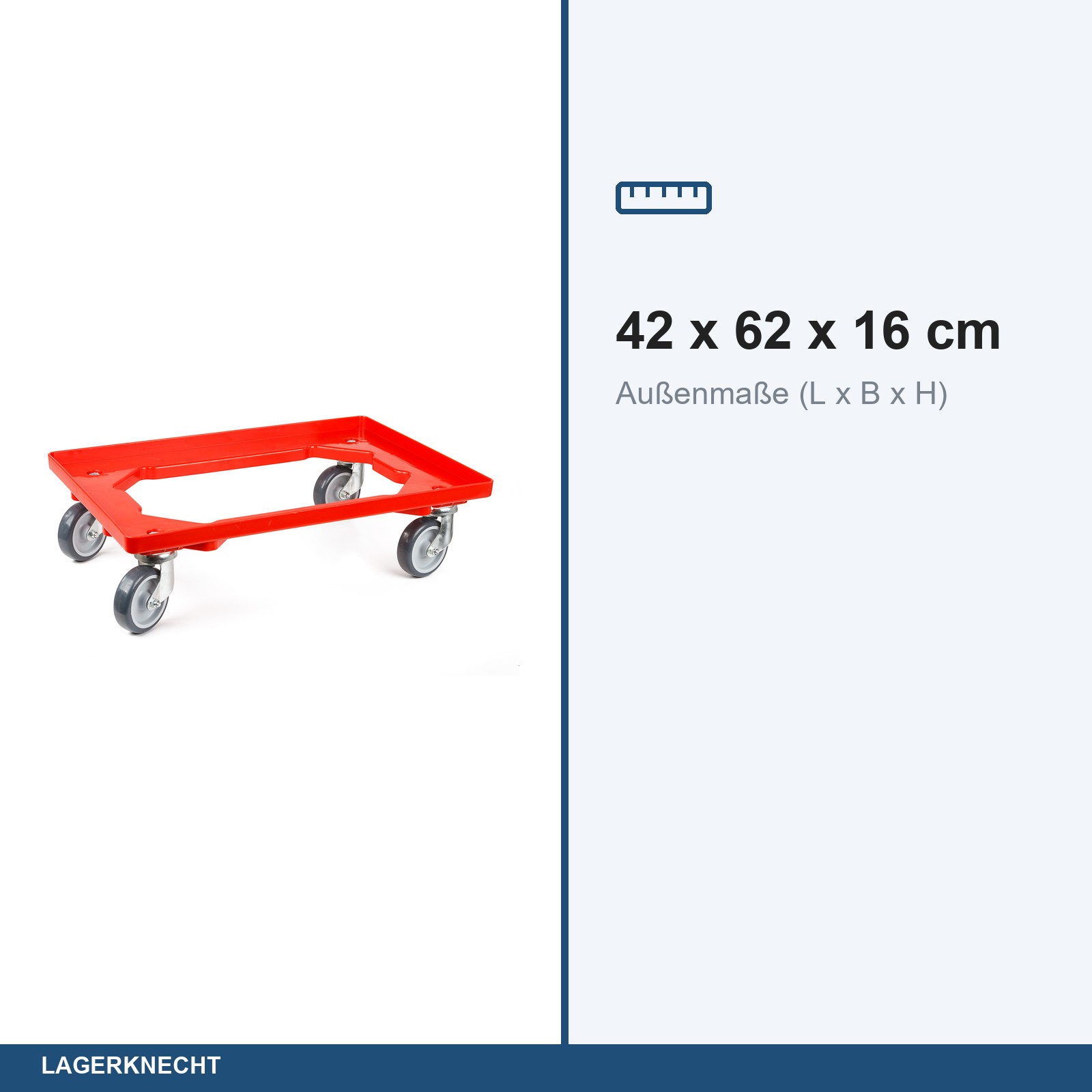 Transportroller für 60x40 cm, offen, Gummiräder, 4 Lenkrollen, rot