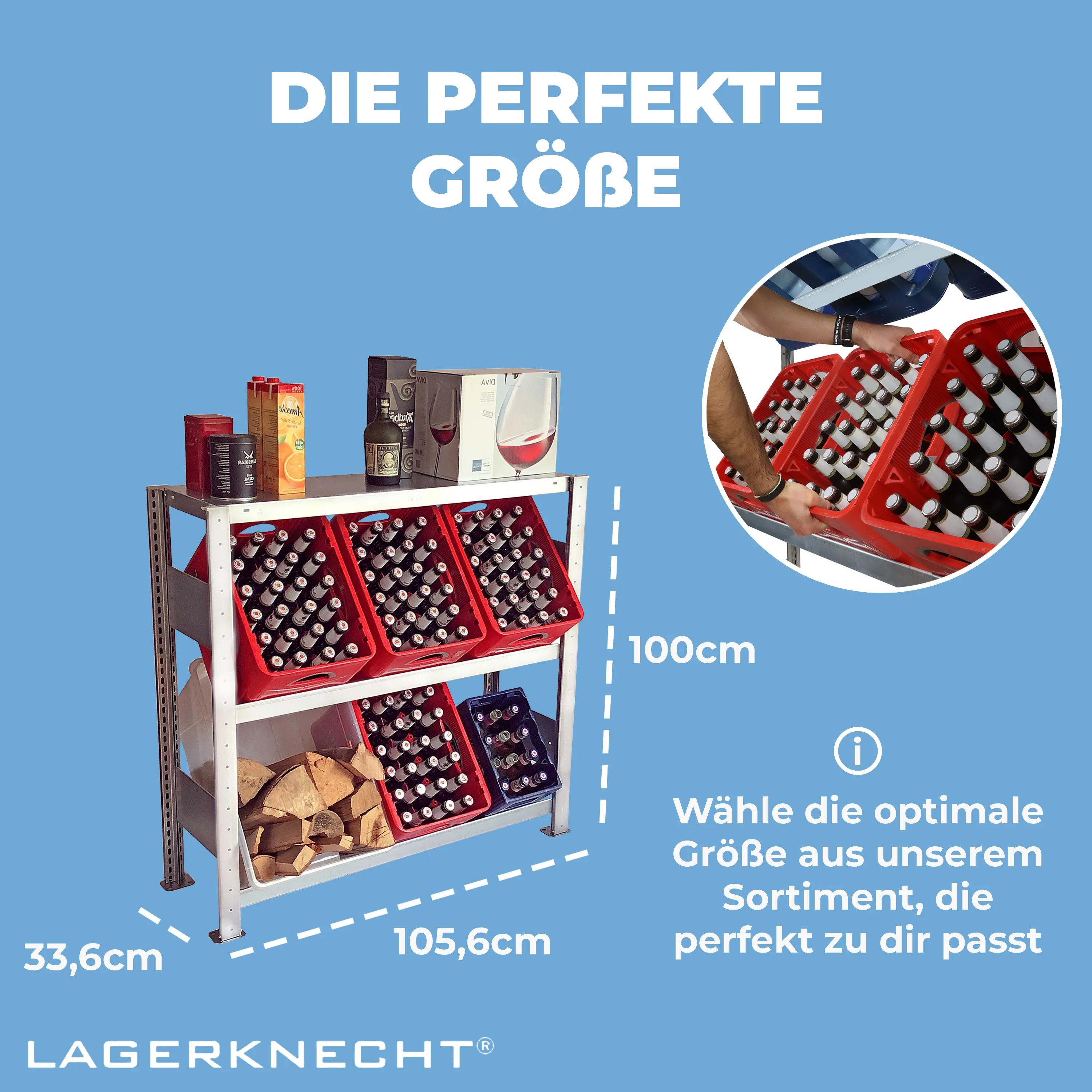 Getränkekistenregal 100×100 cm – mit Fachboden, Grundregal, verzinkt