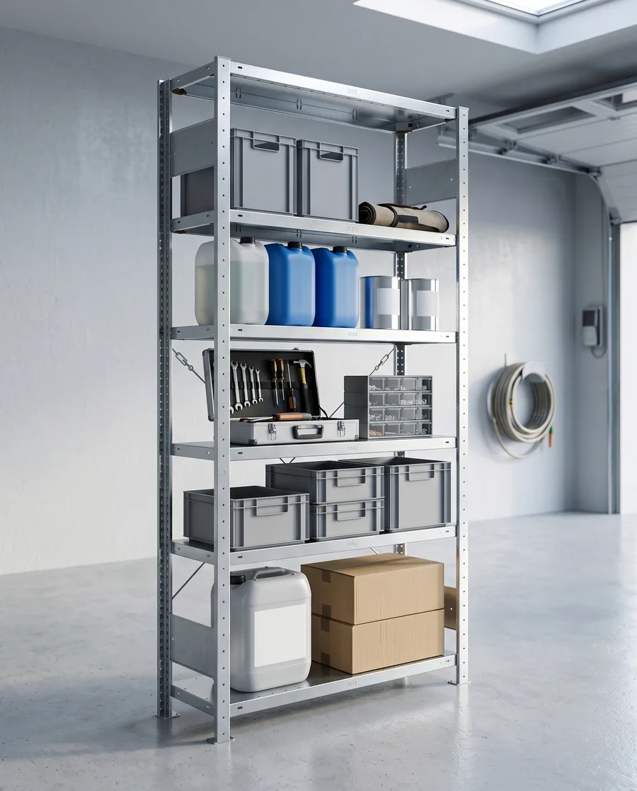 Verzinktes Fachbodenregal für die Garage mit Metallböden, beladen mit Kanistern, Farbeimern und Werkzeug