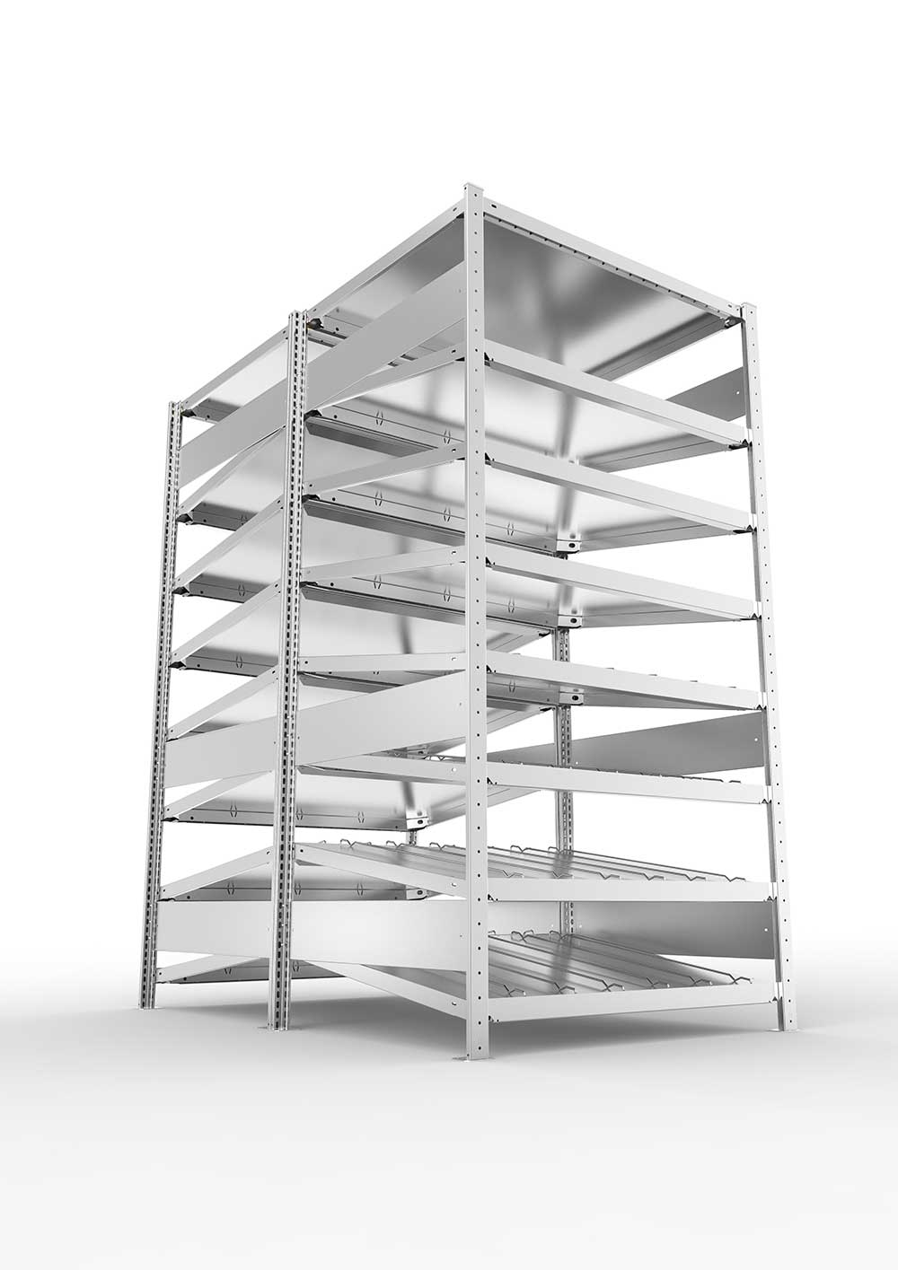Metallregal Schrägbodenregal Metallregal 14° S3 Doppelgrundregal für Regalsystem Metall 2000 x 1000 x1600 ( 2 x 800 ) vzk kpl. ( KANBAN )Doppelzeiliges Regal mit 16 Böden (230 kg Tragkr.)