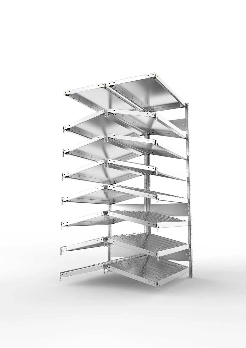 Metallregal Schrägbodenregal Metallregal 14° S3 Doppelanbauregal für Regalsystem Metall 2000 x 1000 x1000 ( 2 x 500 ) vzk kpl. ( KANBAN )Doppelzeiliges Regal mit 16 Böden (230 kg Tragkr.)