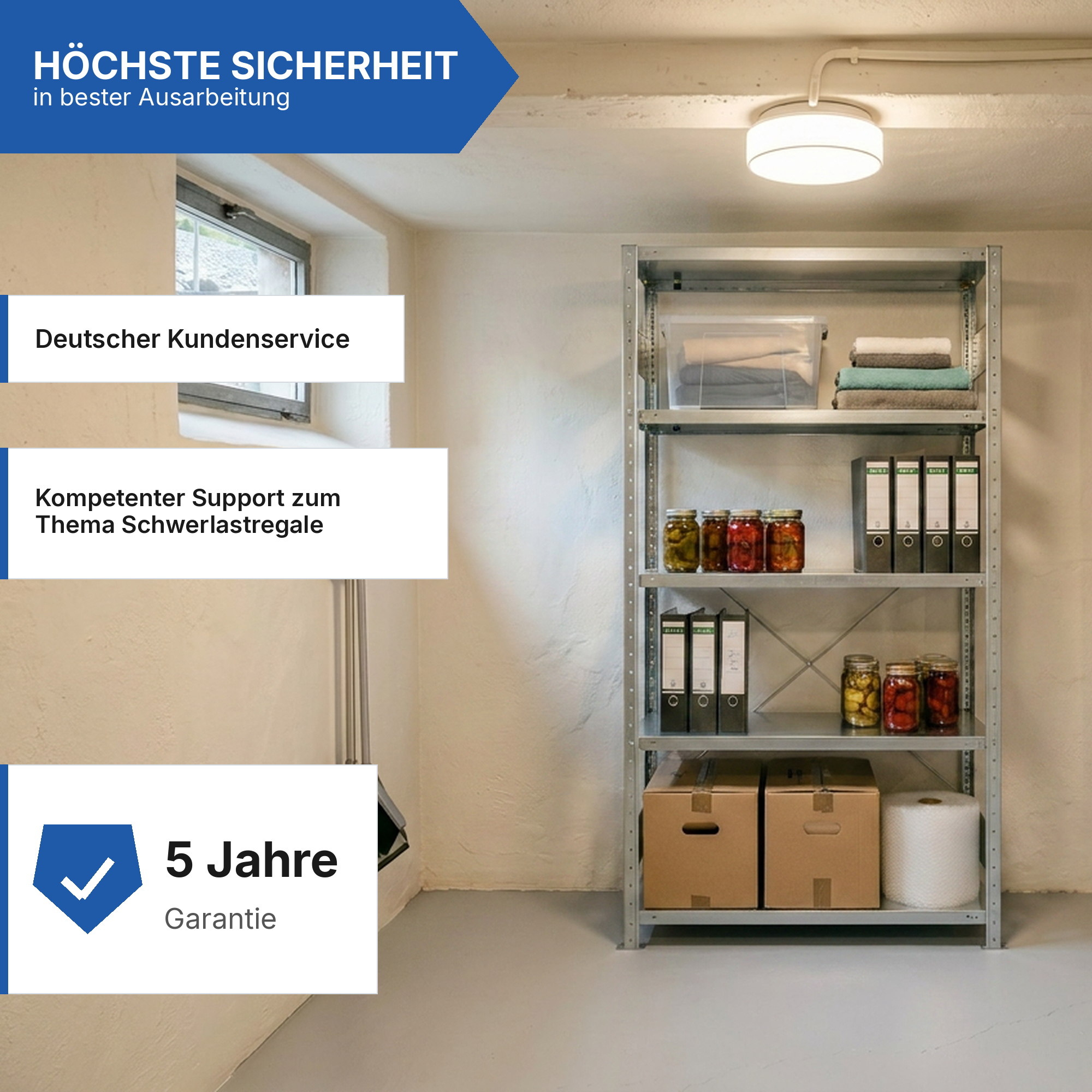 Schwerlastregal Pro-Flex Stecksystem Grundregal – 200×100×60 cm, 230 kg, verzinkt, 5 Böden
