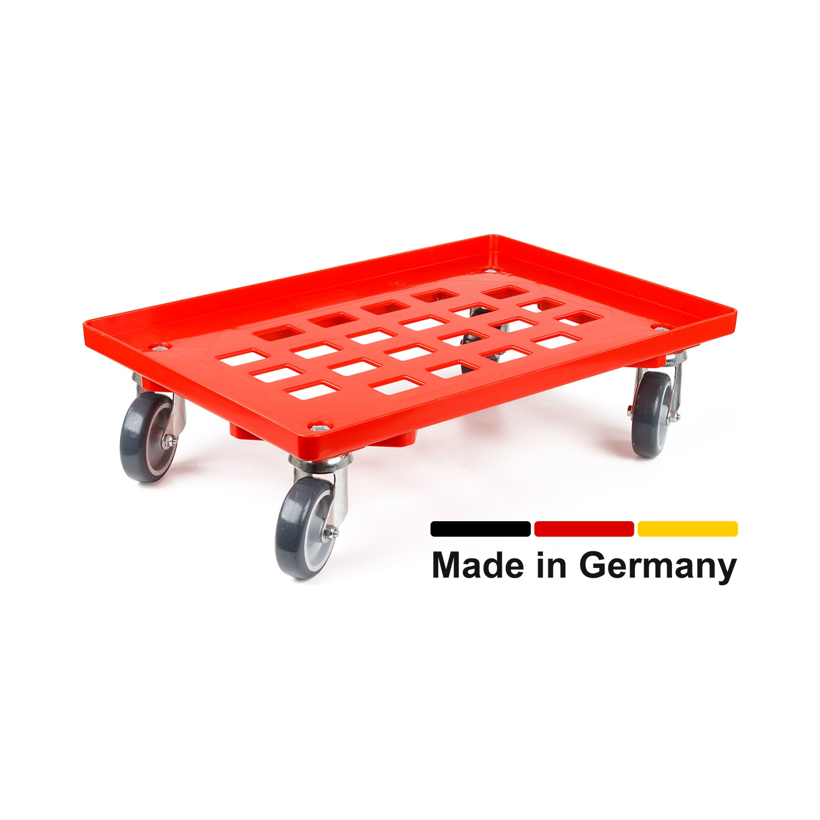 Transportroller für 60x40 cm, Gummiräder, 2 Lenkrollen und 2 Bockrollen, rot