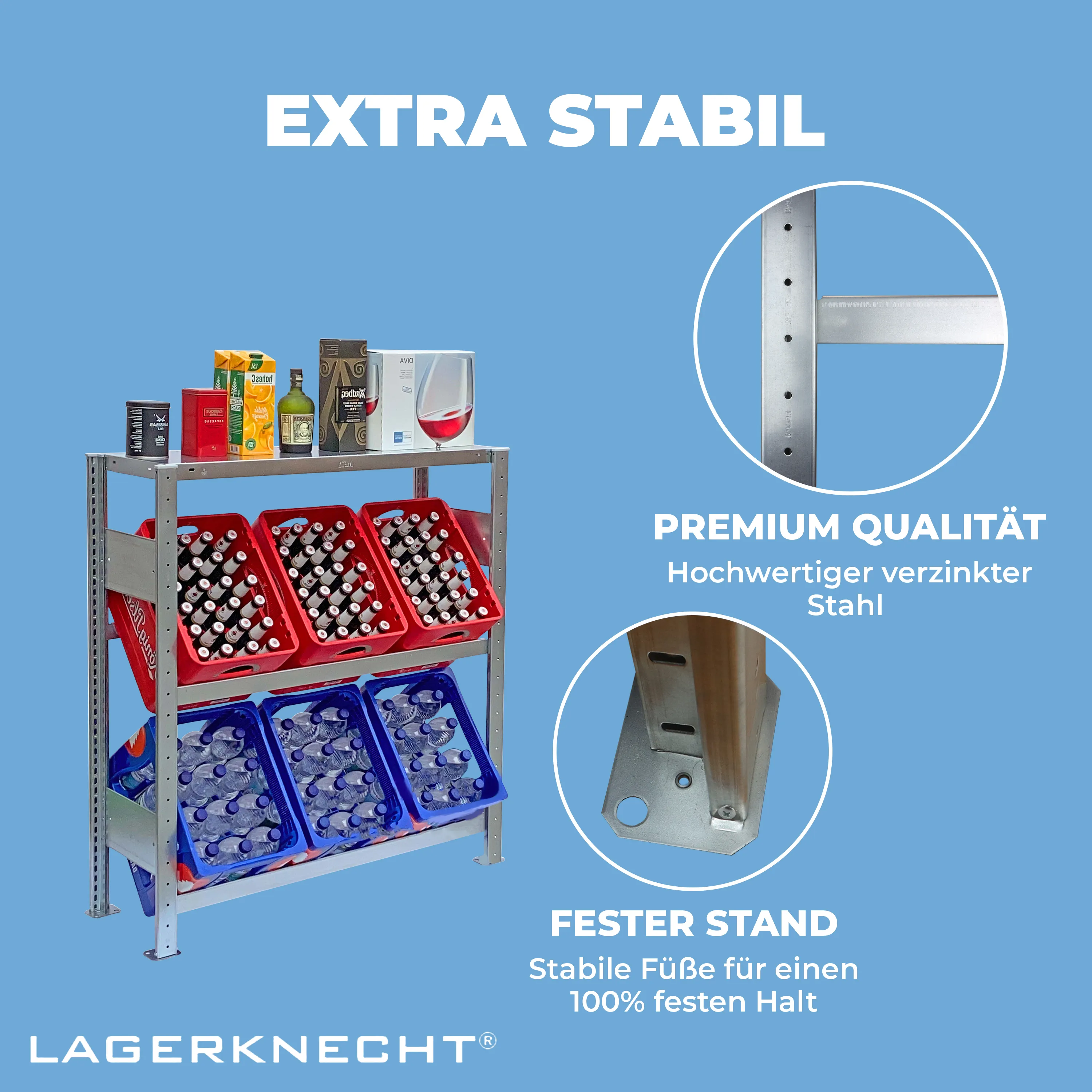 Getränkekistenregal 115×100 cm – 2 Ebenen, mit Fachboden, Grundregal, verzinkt