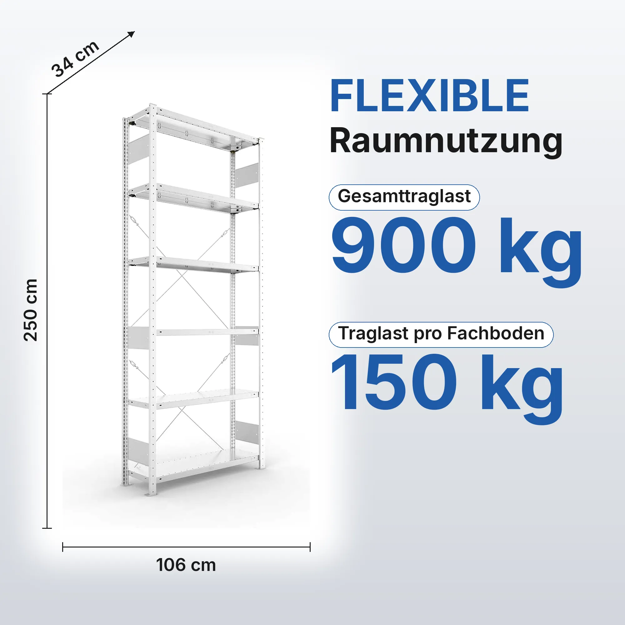 Schwerlastregal Pro-Flex Stecksystem Grundregal – 250×100×30 cm, 150 kg, verzinkt, 6 Böden