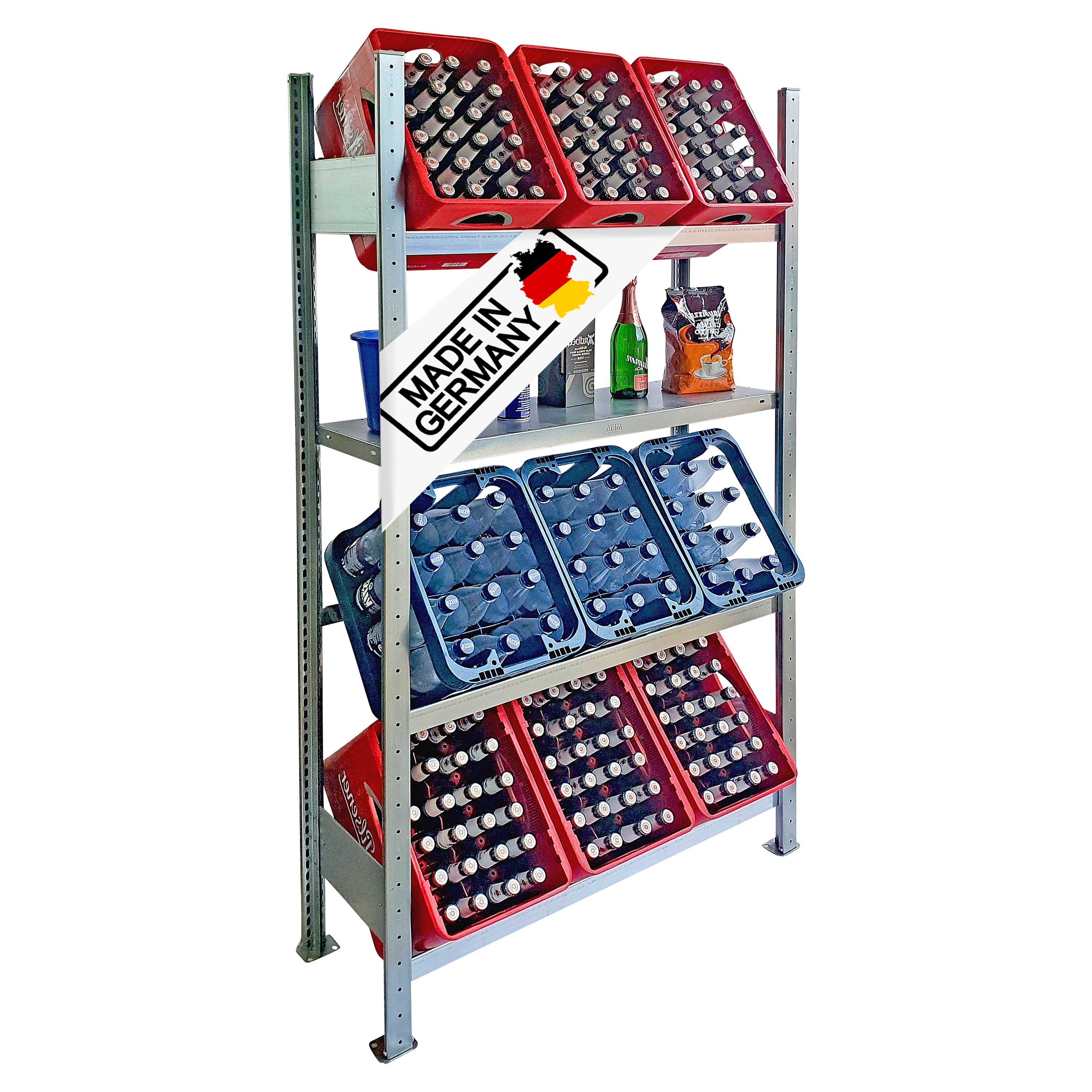 Getränkekistenständer 185×100 cm – 3 Ebenen, mit Fachboden, Grundregal, verzinkt