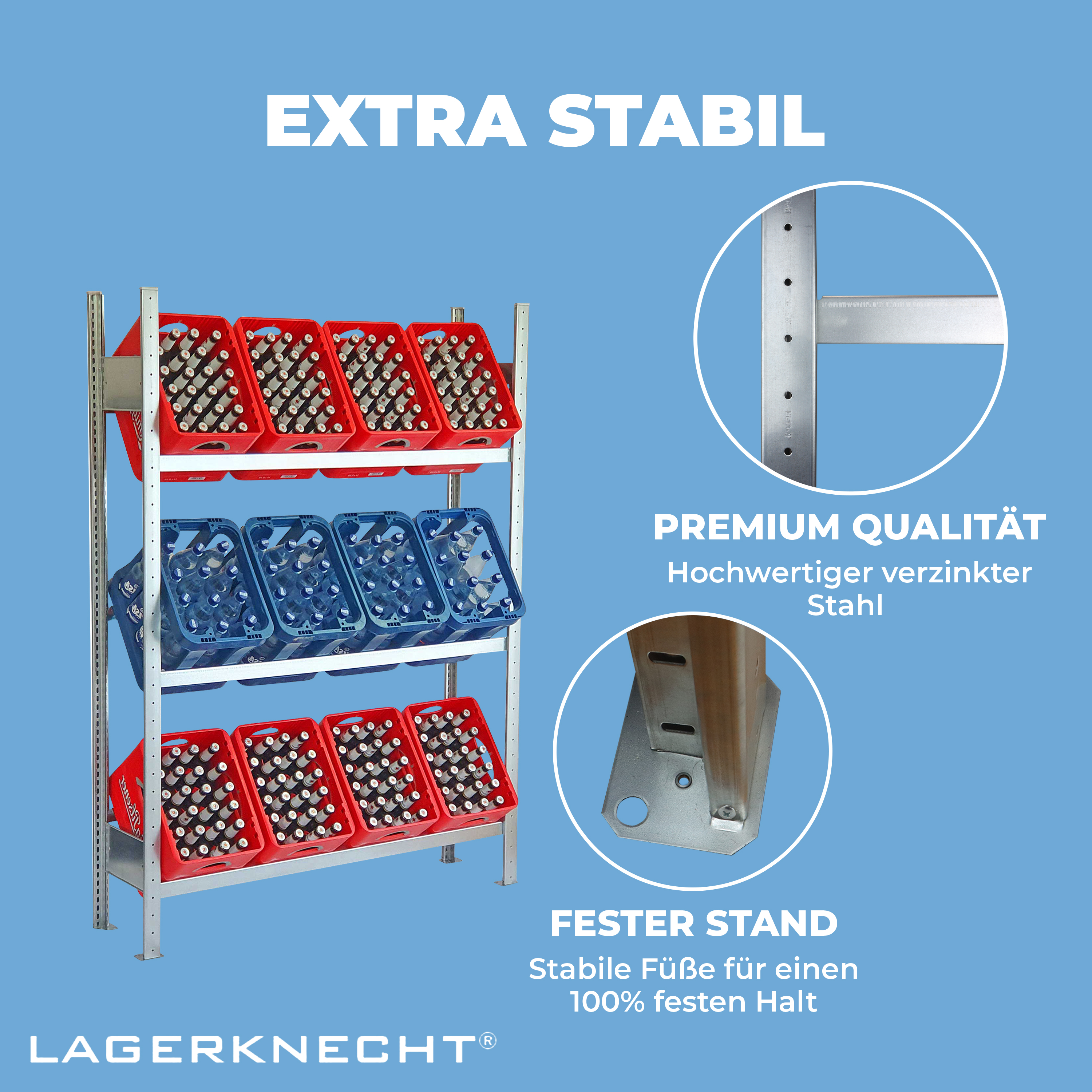 Getränkekistenregal 185×130 cm – 3 Ebenen, Grundregal, verzinkt [185130-3EB-GR]