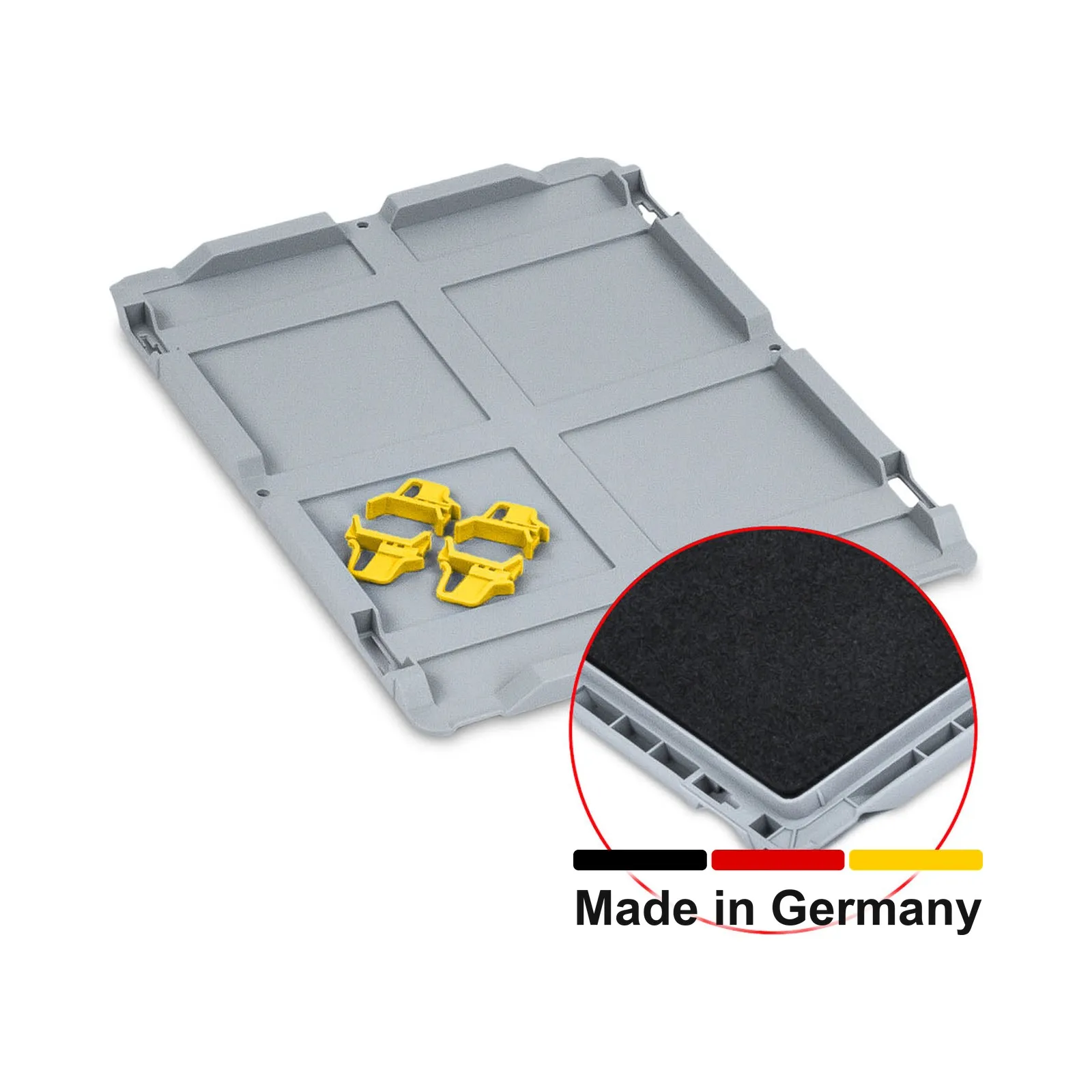Auflagedeckel Set Eurobox NextGen  mit Schaumstoff 400 x 300, inkl. 4 gelbe Schiebeschnappverschlüsse