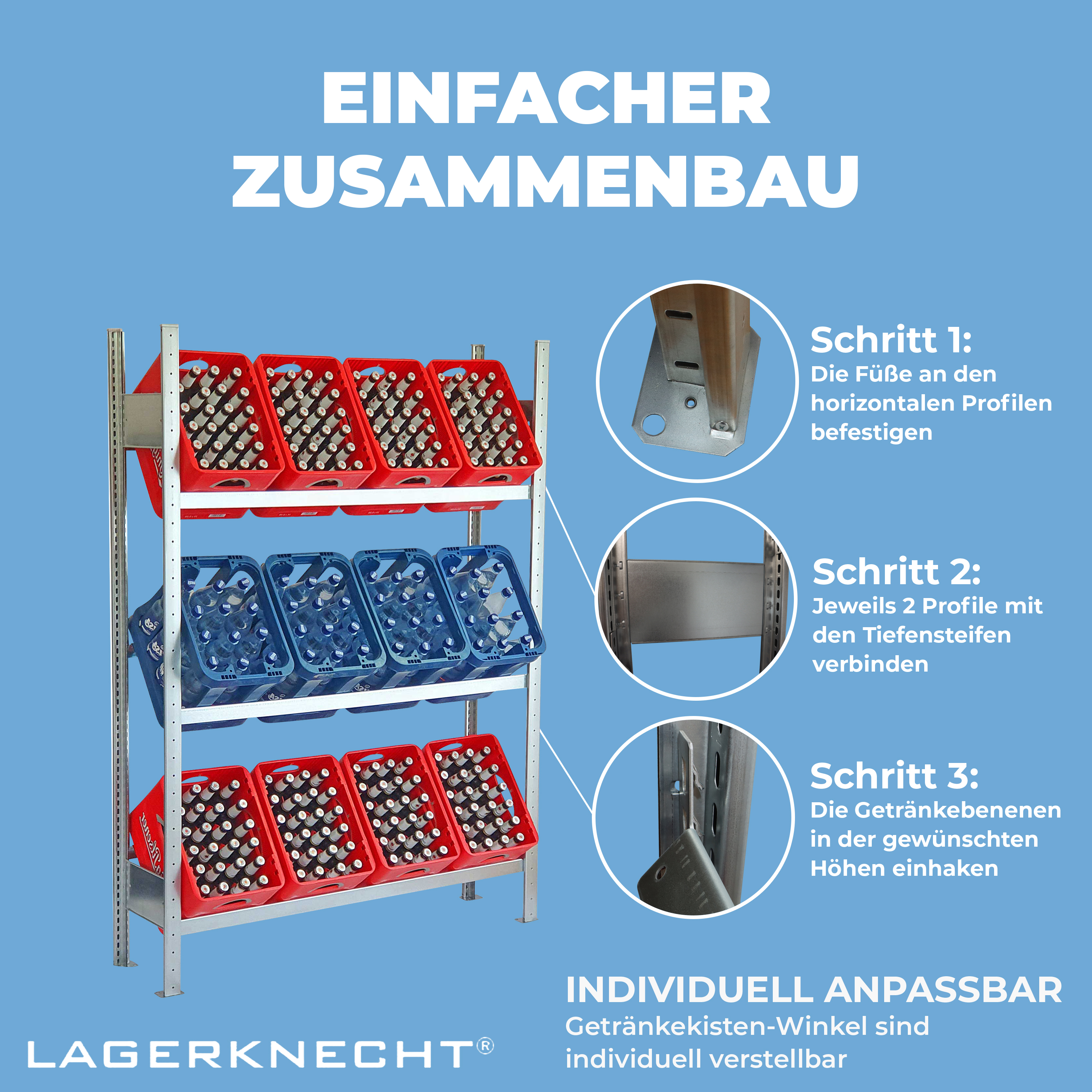 Getränkekistenregal 185×130 cm – 3 Ebenen, Grundregal, verzinkt GLX