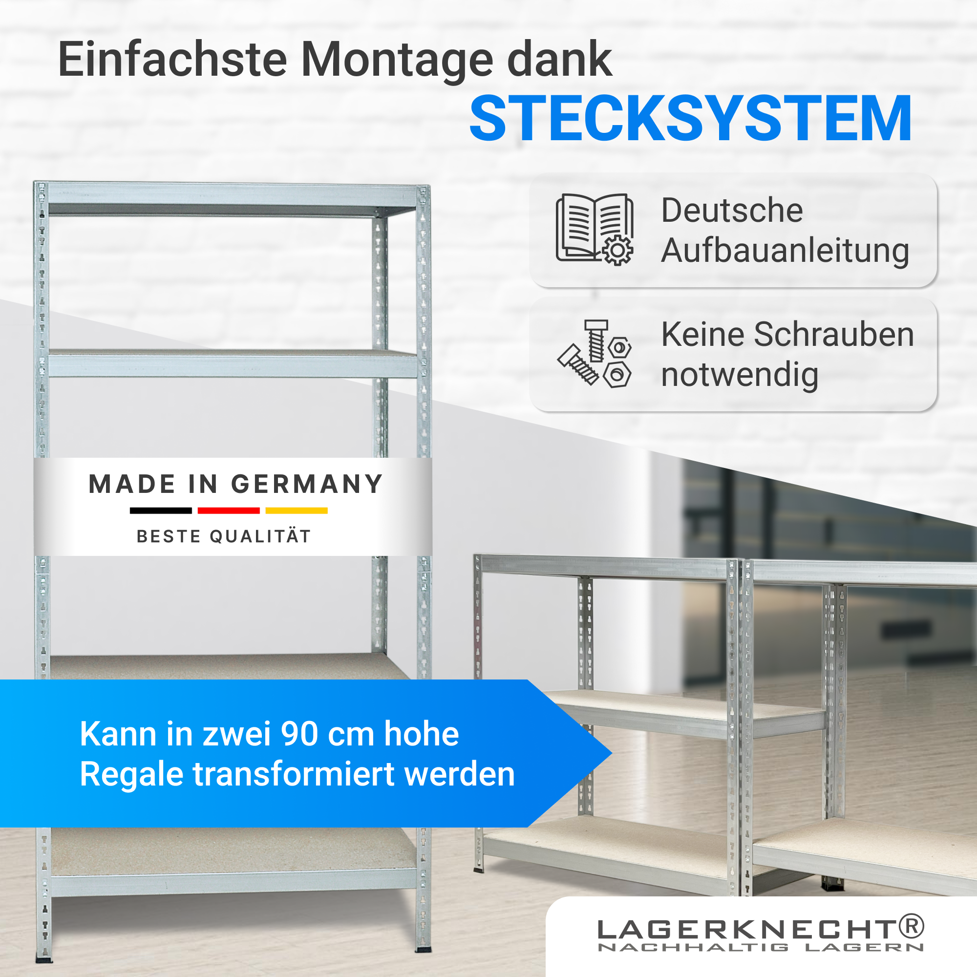 Metallregal Robust 180 x 92 x 46 cm, verzinktes Steckregal mit 5 Holzböden, Fachlast 175 kg