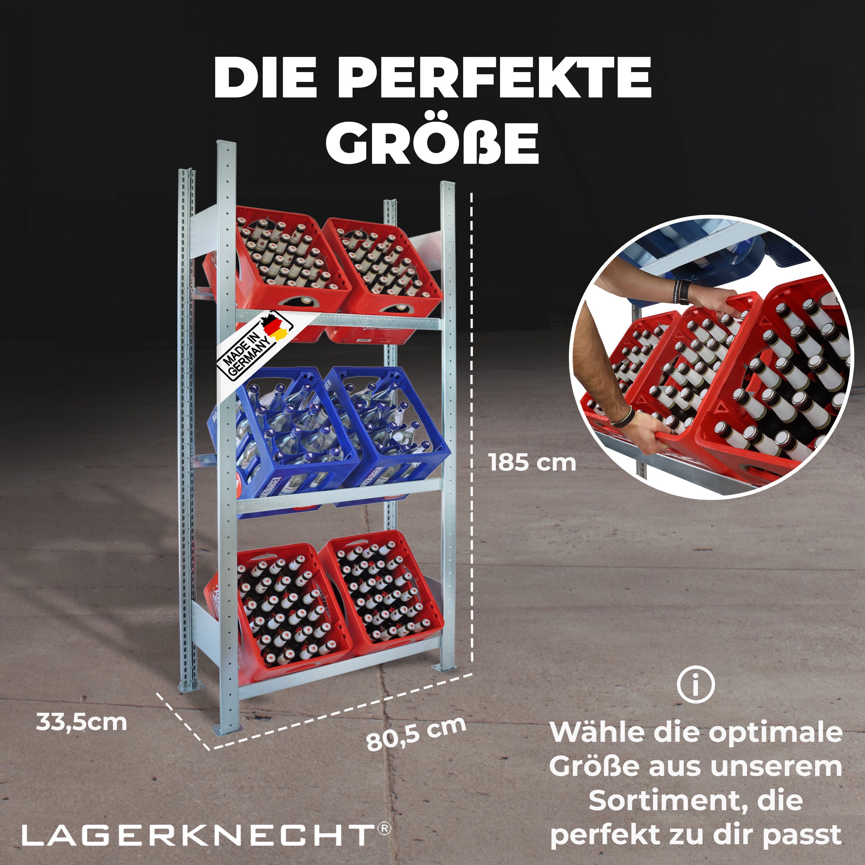 Getränkekistenregal 185×80 cm – 3 Ebenen, Grundregal, verzinkt [18580-3EB-GR]