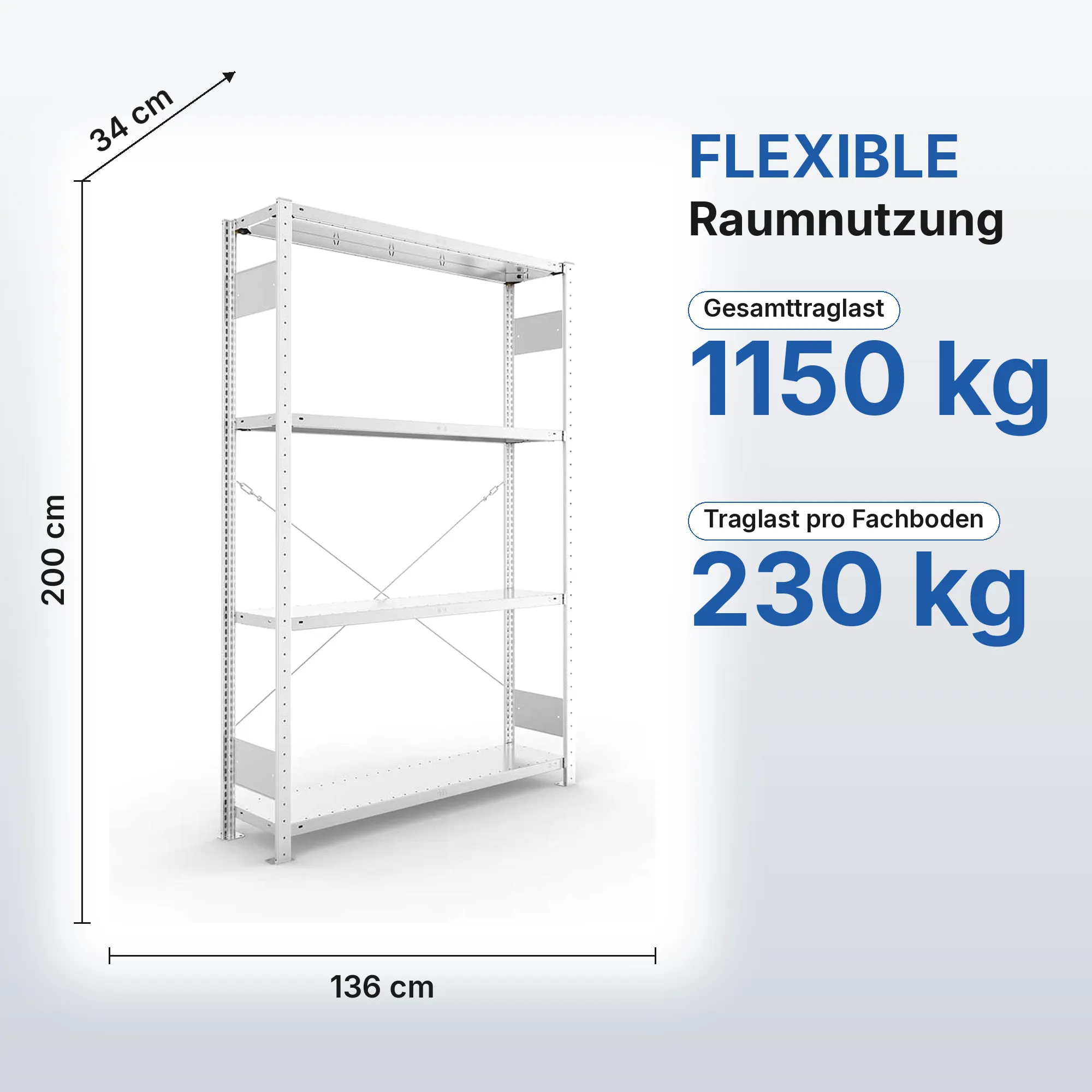 Metallregal Pro-Flex Stecksystem Grundregal – 200×130×30 cm, 230 kg, verzinkt, 4 Böden