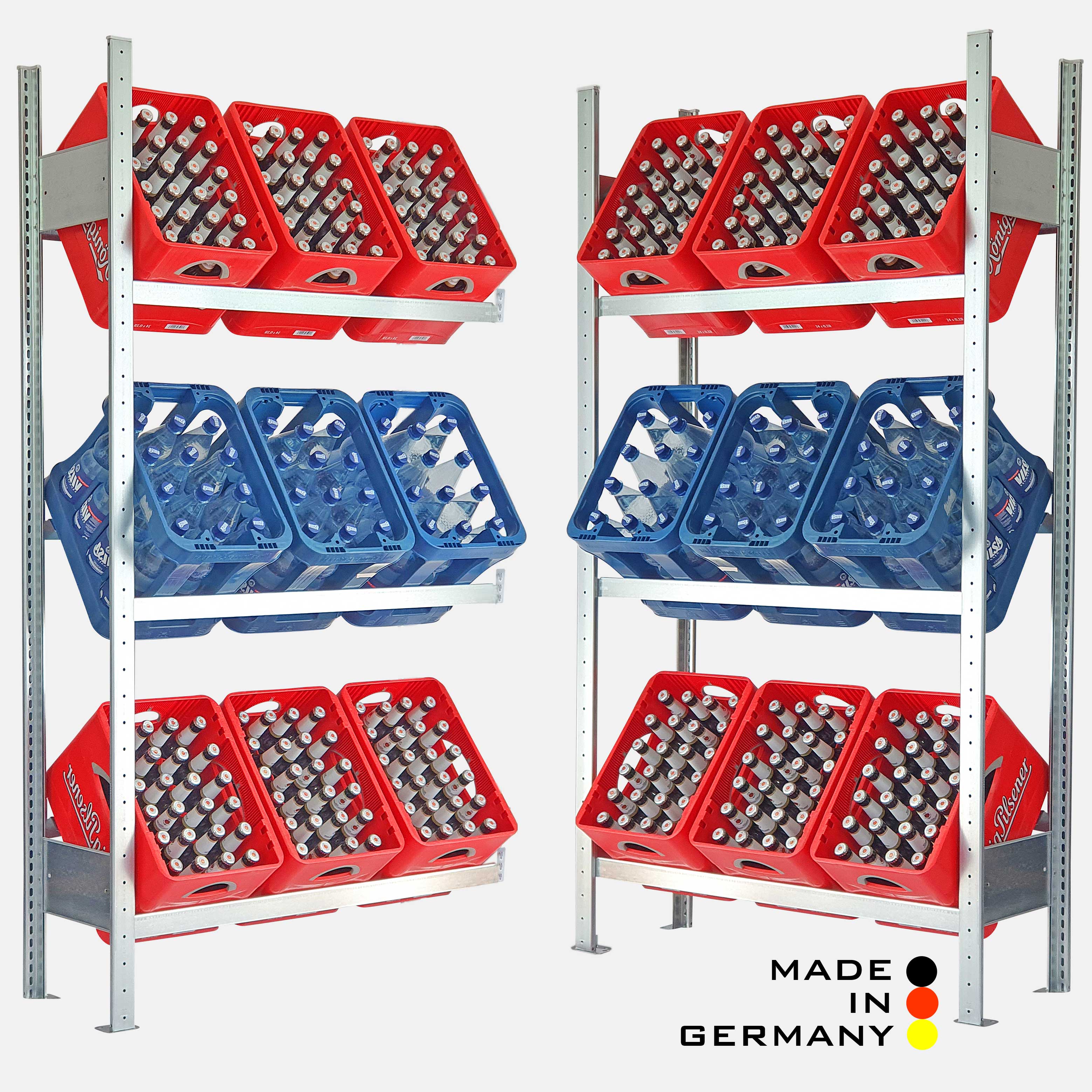 Getränkekistenständer 185×100 cm – 3 Ebenen, mit Fachboden, Anbauregal, verzinkt