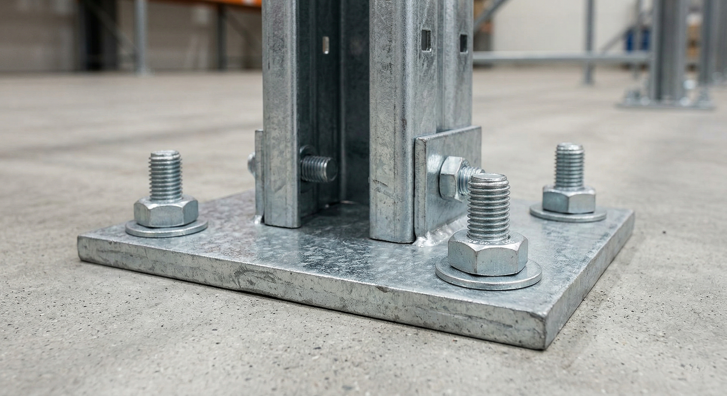 Nahaufnahme einer Regal-Fußplatte mit Bodenverankerung – Prüfpunkt bei der Sichtprüfung