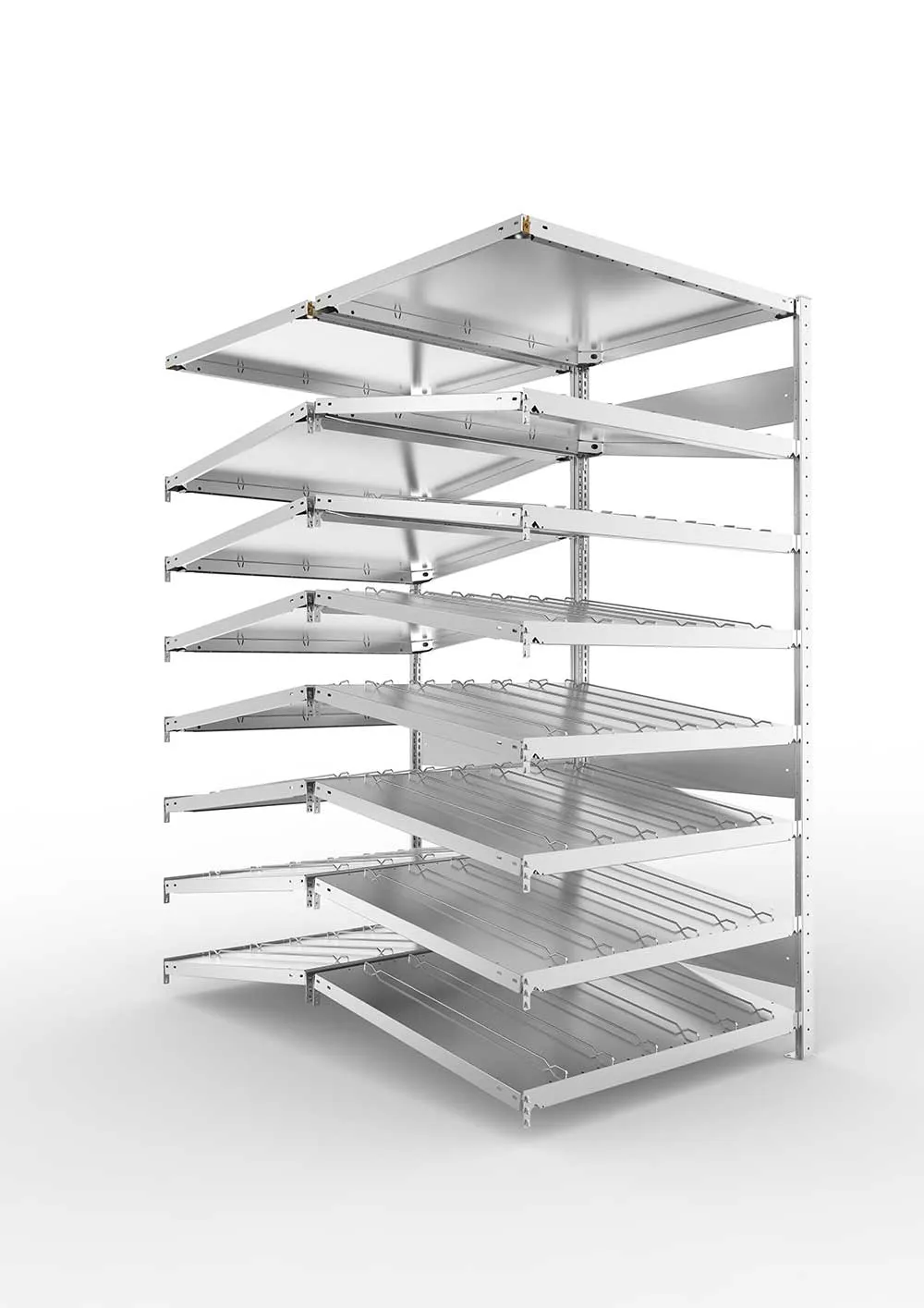 Metallregal Schrägbodenregal Metallregal 14° S3 Doppelanbauregal für Regalsystem Metall 2000 x 1000 x1600 ( 2 x 800 ) vzk kpl. ( KANBAN )Doppelzeiliges Regal mit 16 Böden (230 kg Tragkr.)