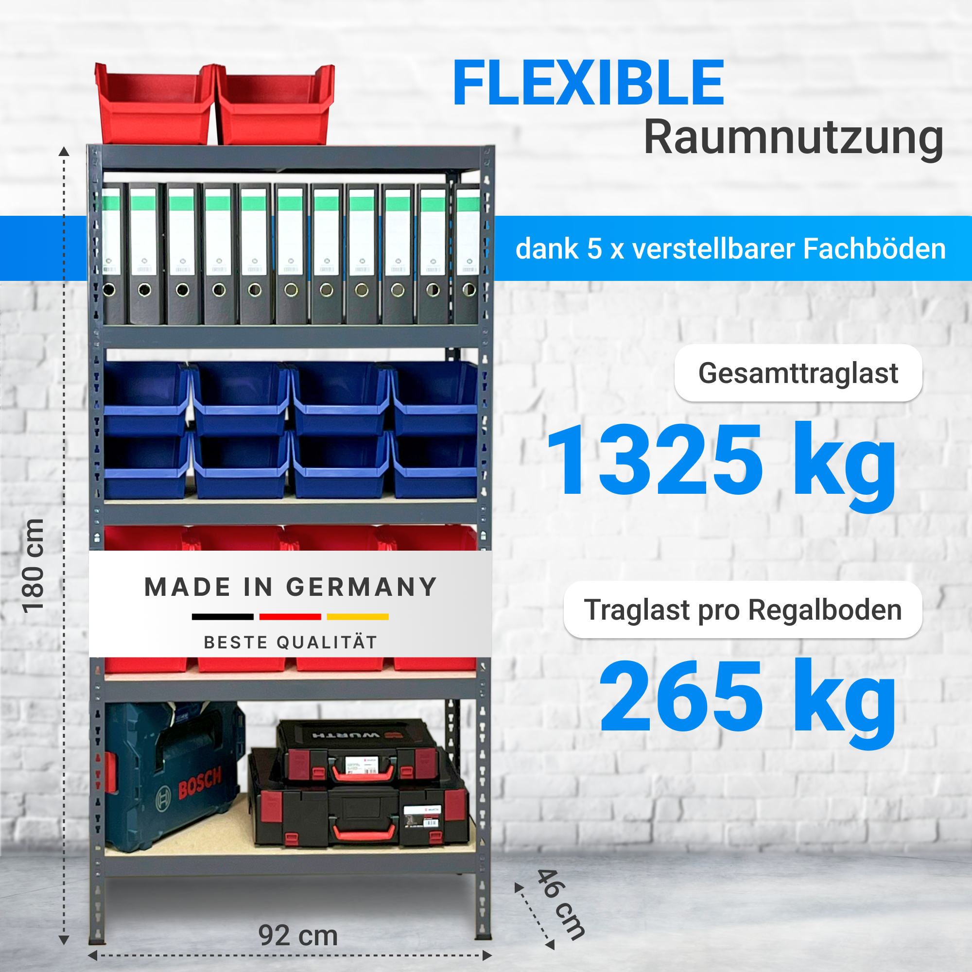 Steckregal 185x92x46cm, 5 Holzböden anthrazit RAL 7024, 265 Kg Tragkraft pro Boden, verpackt zu 32 Stück pro Europalette