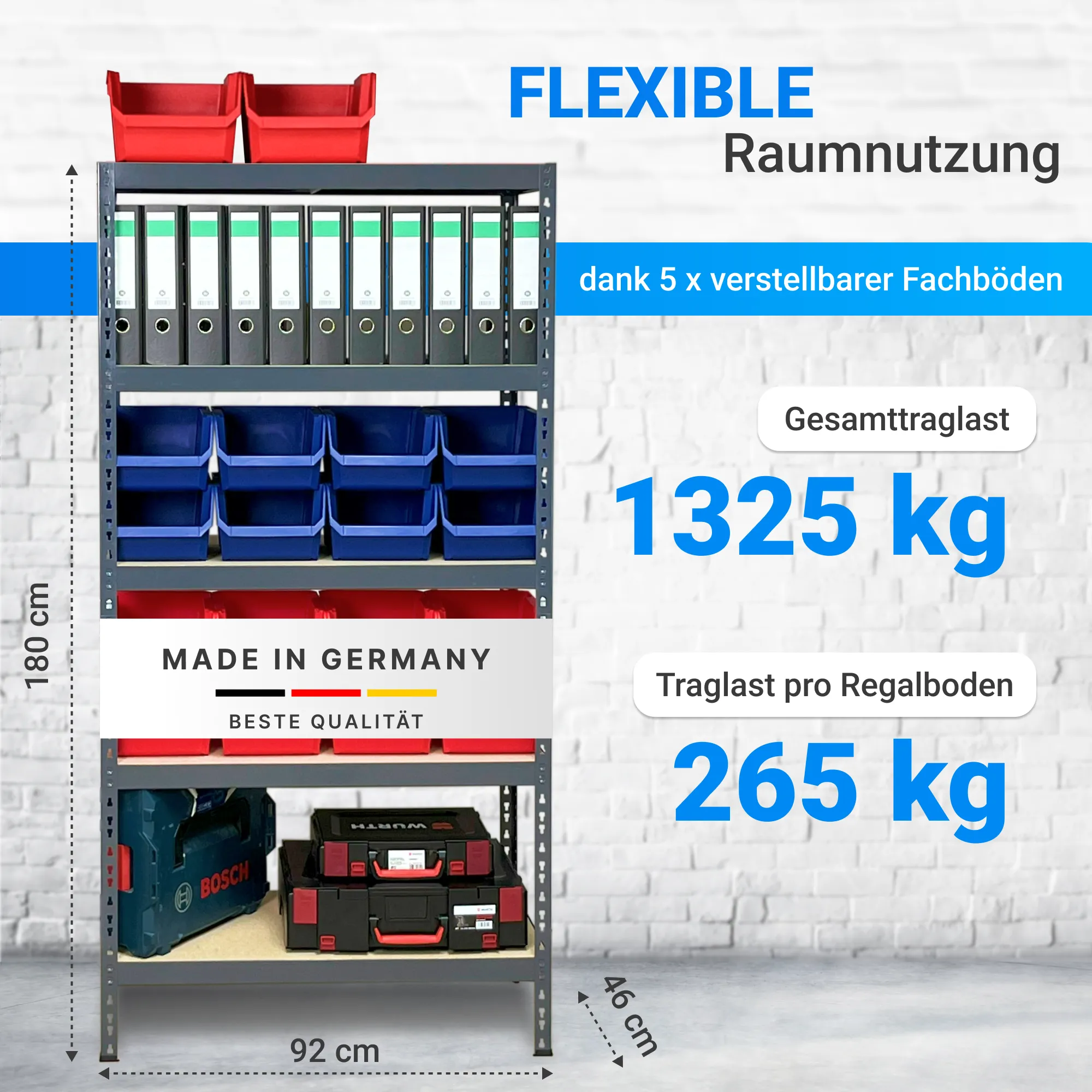 Steckregal 185x92x46cm, 5 Holzböden anthrazit RAL 7024, 265 Kg Tragkraft pro Boden, verpackt zu 32 Stück pro Europalette