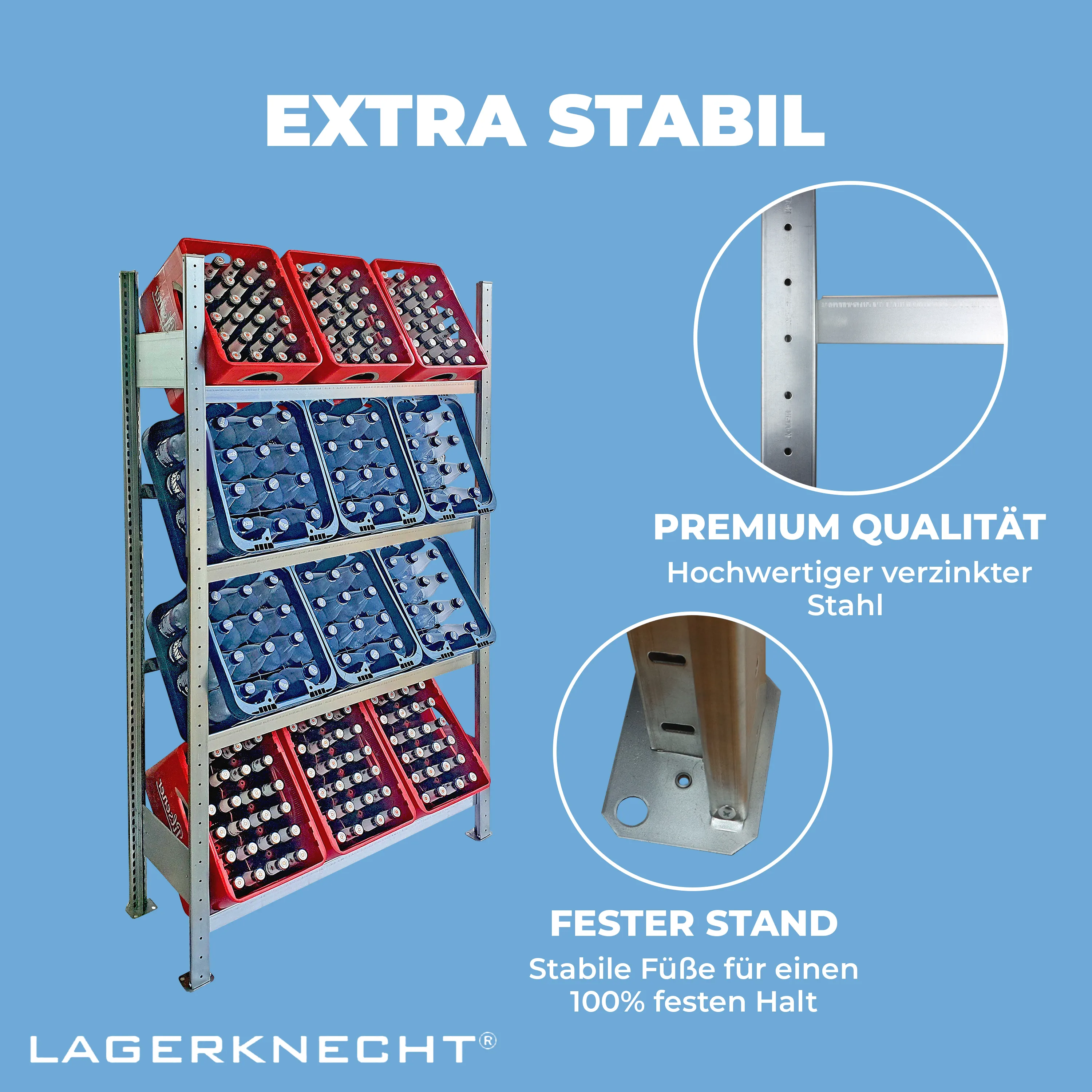 Getränkekistenregal 185×100 cm – 4 Ebenen, Grundregal, verzinkt [185100-4EB-GR]