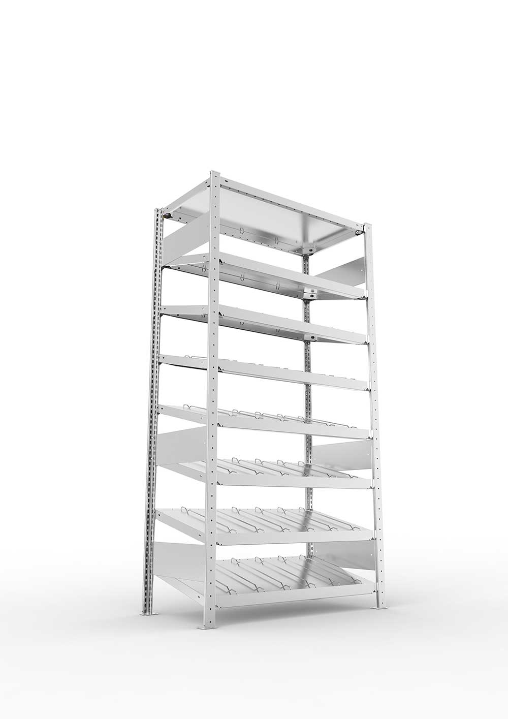 Metallregal Schrägbodenregal Metallregal 14° S3 Grundregal für Regalsystem Metall 2000 x 1000 x 500vzk kpl. ( KANBAN ) Einzeiliges Regal mit 8 Böden(230 kg Tragkraft)