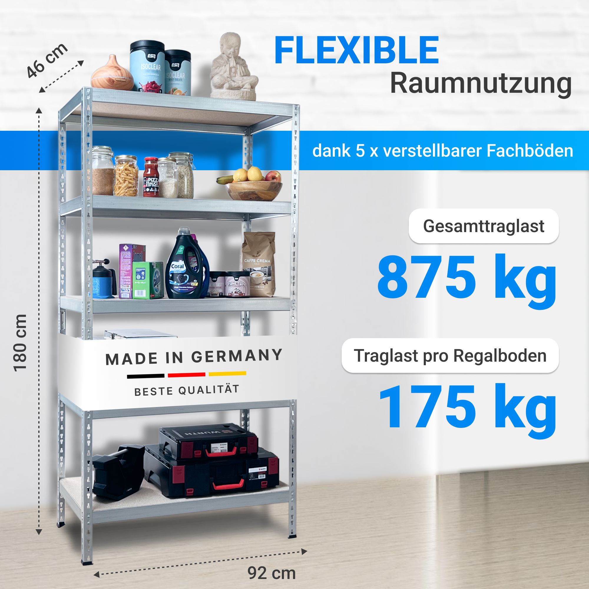 Metallregal Robust 180 x 92 x 46 cm, verzinktes Steckregal mit 5 Holzböden, Fachlast 175 kg – Produktabbildung