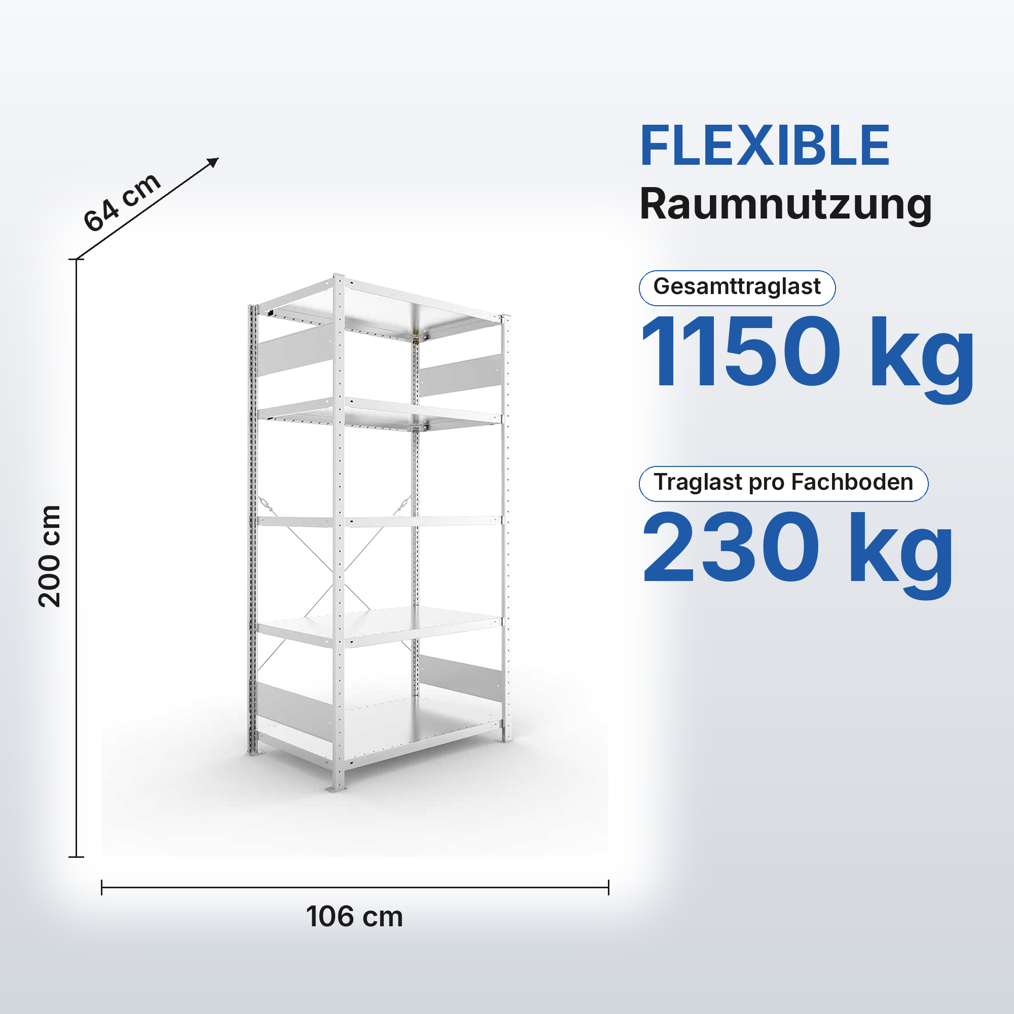 Schwerlastregal Pro-Flex Stecksystem Grundregal – 200×100×60 cm, 230 kg, verzinkt, 5 Böden