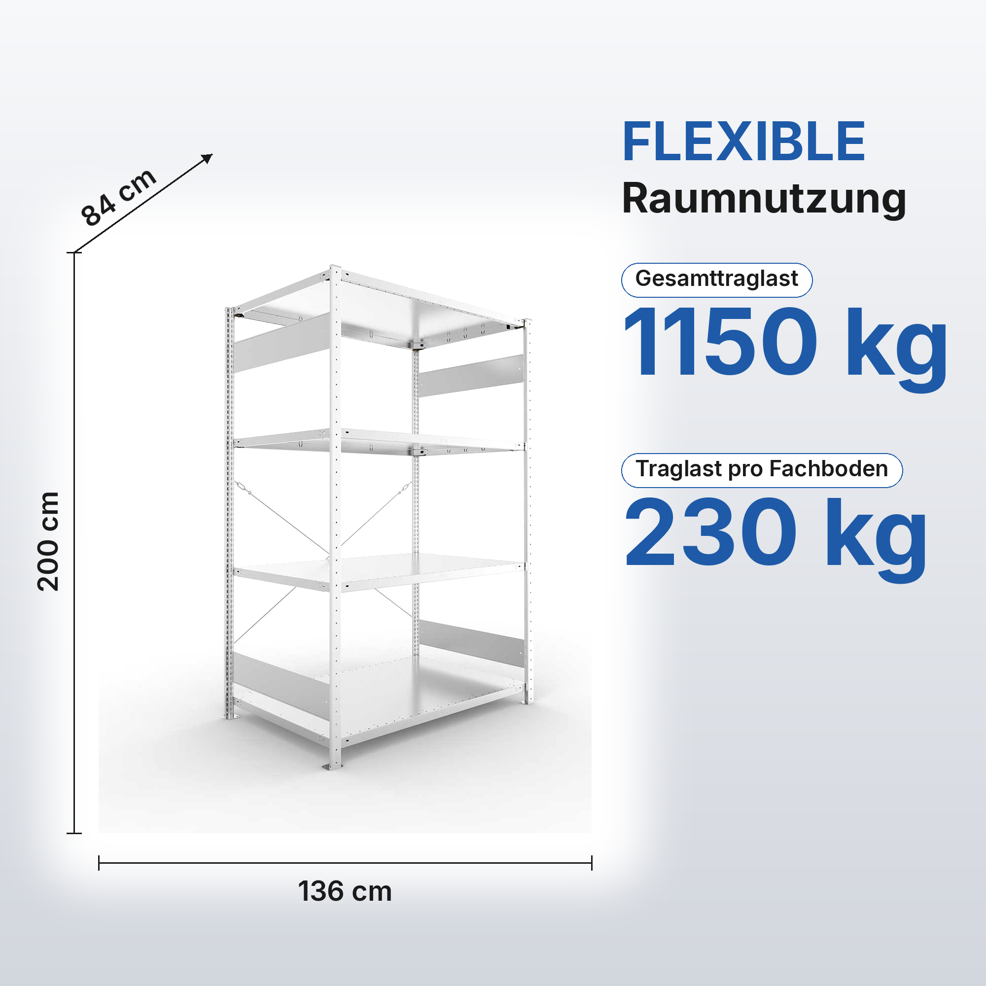 Metallregal Pro-Flex Stecksystem Grundregal – 200×130×80 cm, 230 kg, verzinkt, 4 Böden