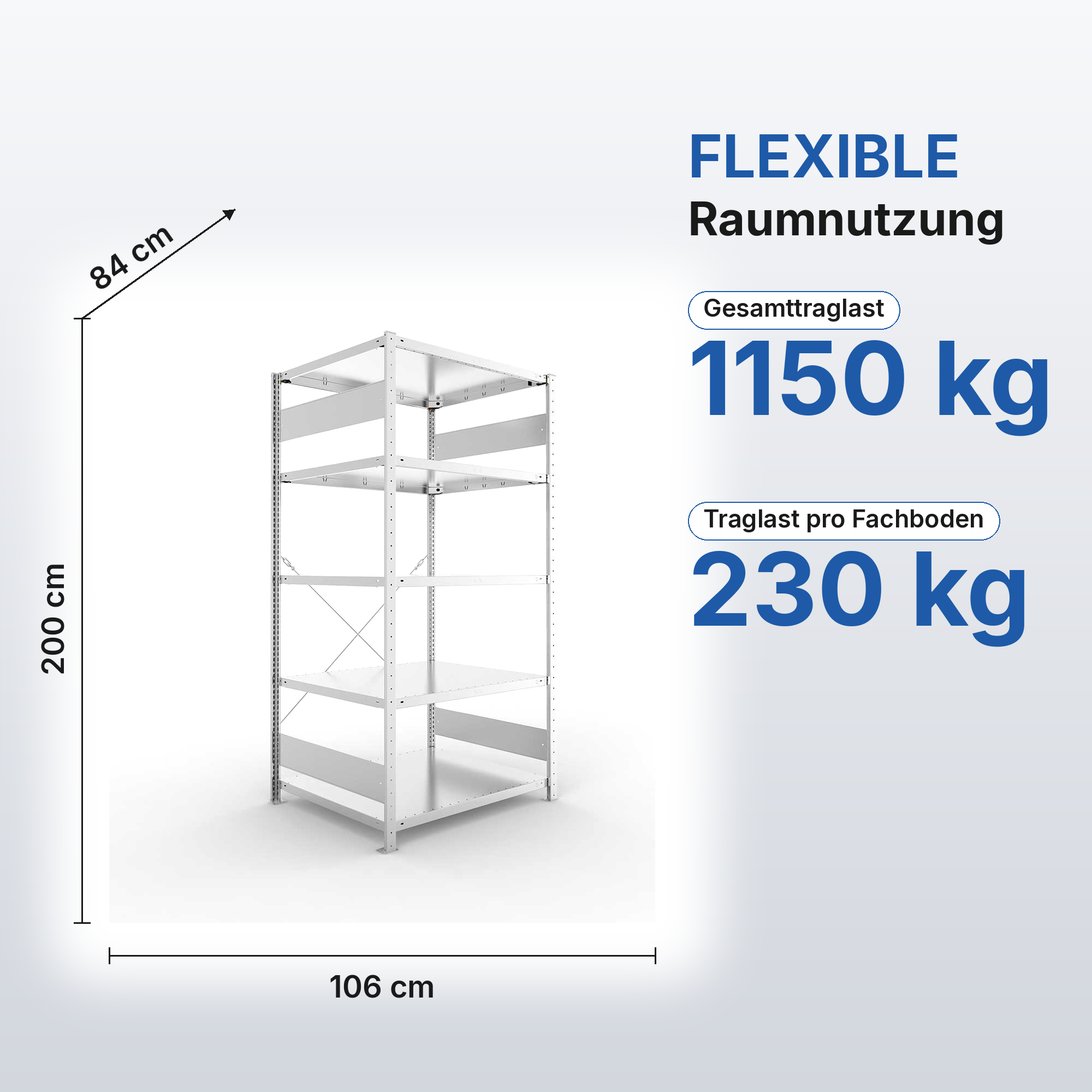 Kellerregal Pro-Flex Stecksystem Grundregal – 200×100×80 cm, 230 kg, verzinkt, 5 Böden