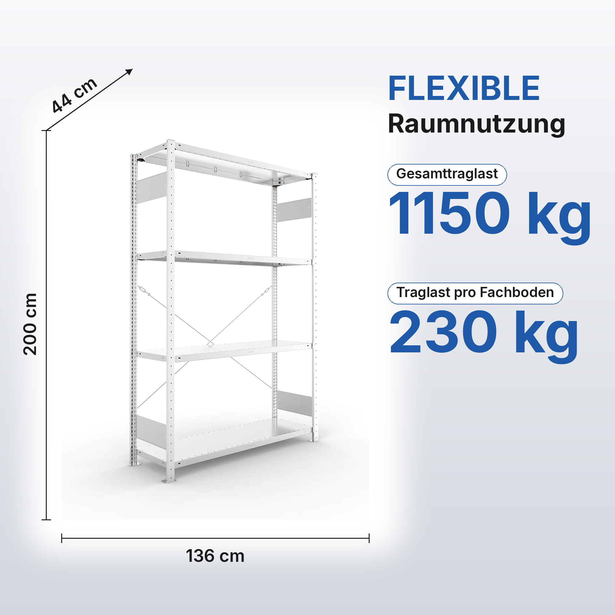 Kellerregal Pro-Flex Stecksystem Grundregal – 200×130×40 cm, 230 kg, verzinkt, 4 Böden